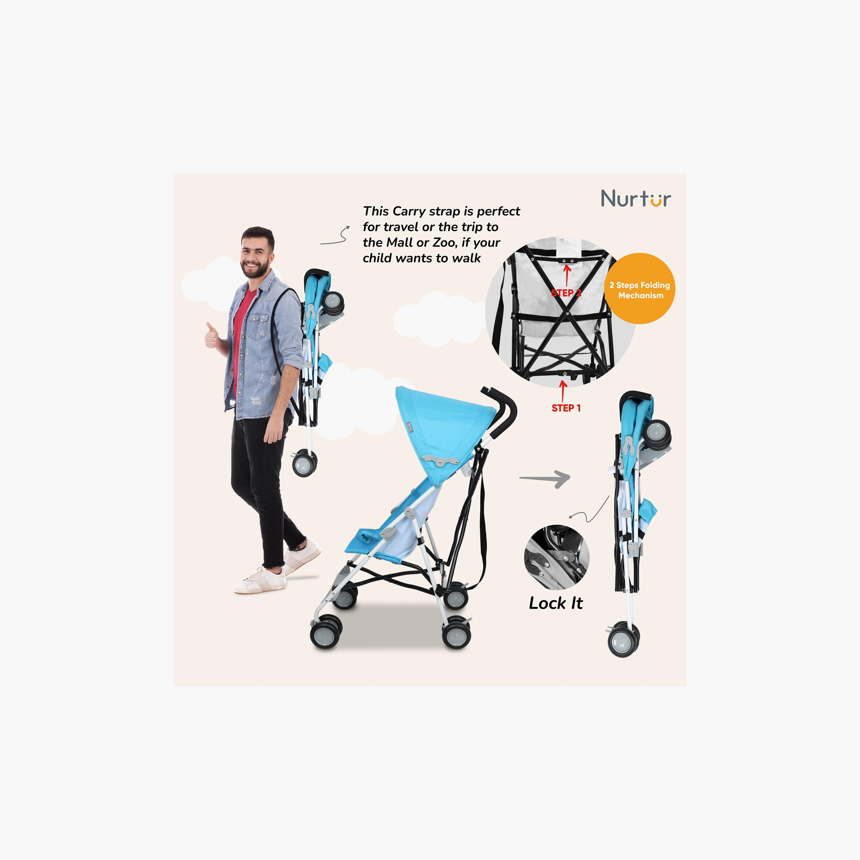 Nurtur Rex Buggy Lightweight Stroller with Compact Fold Canopy, Blue-baby-gear-strollersandprams-strollers-image-5