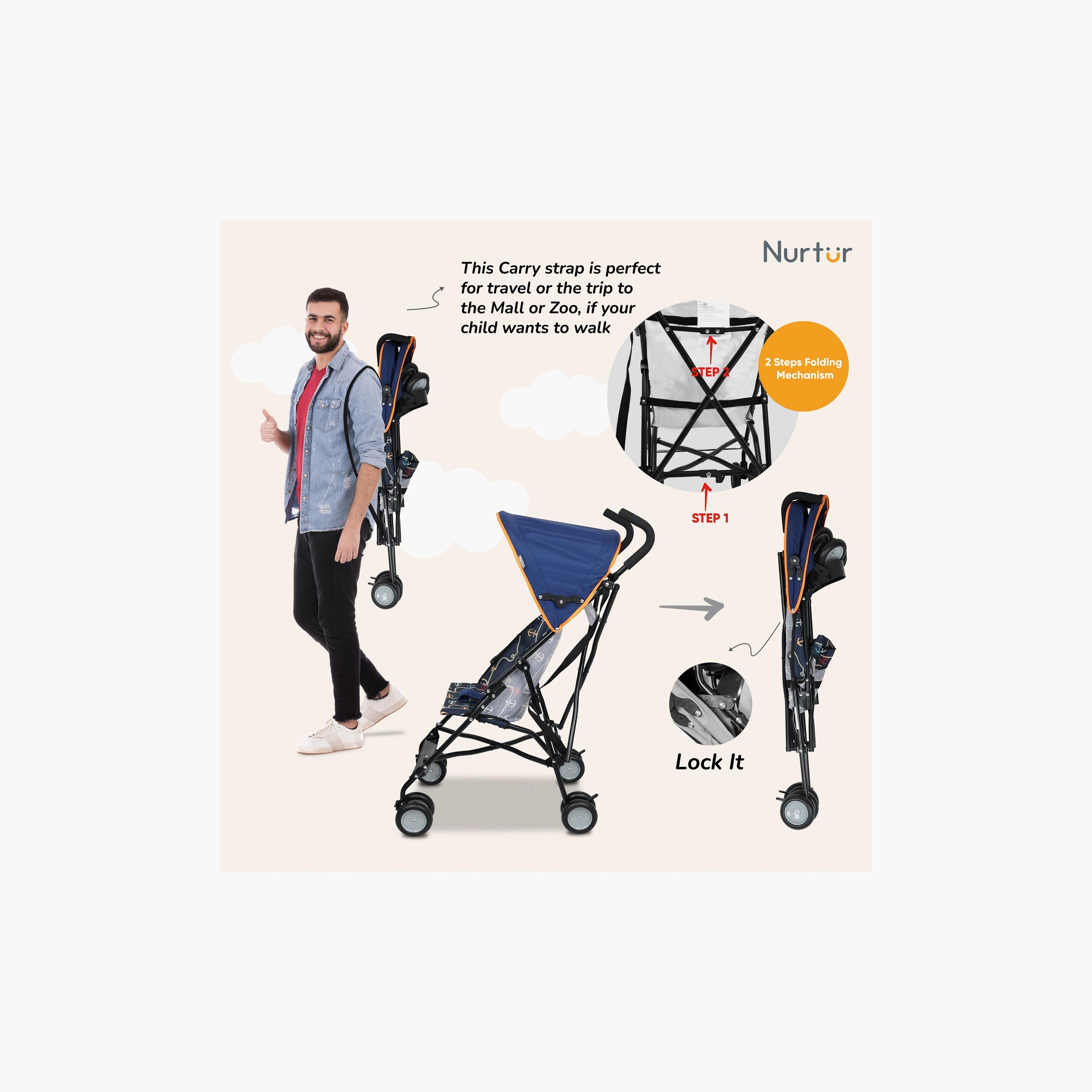 Nurtur Rex Buggy Lightweight Stroller with Compact Fold Canopy, Black-baby-gear-strollersandprams-strollers-image-5