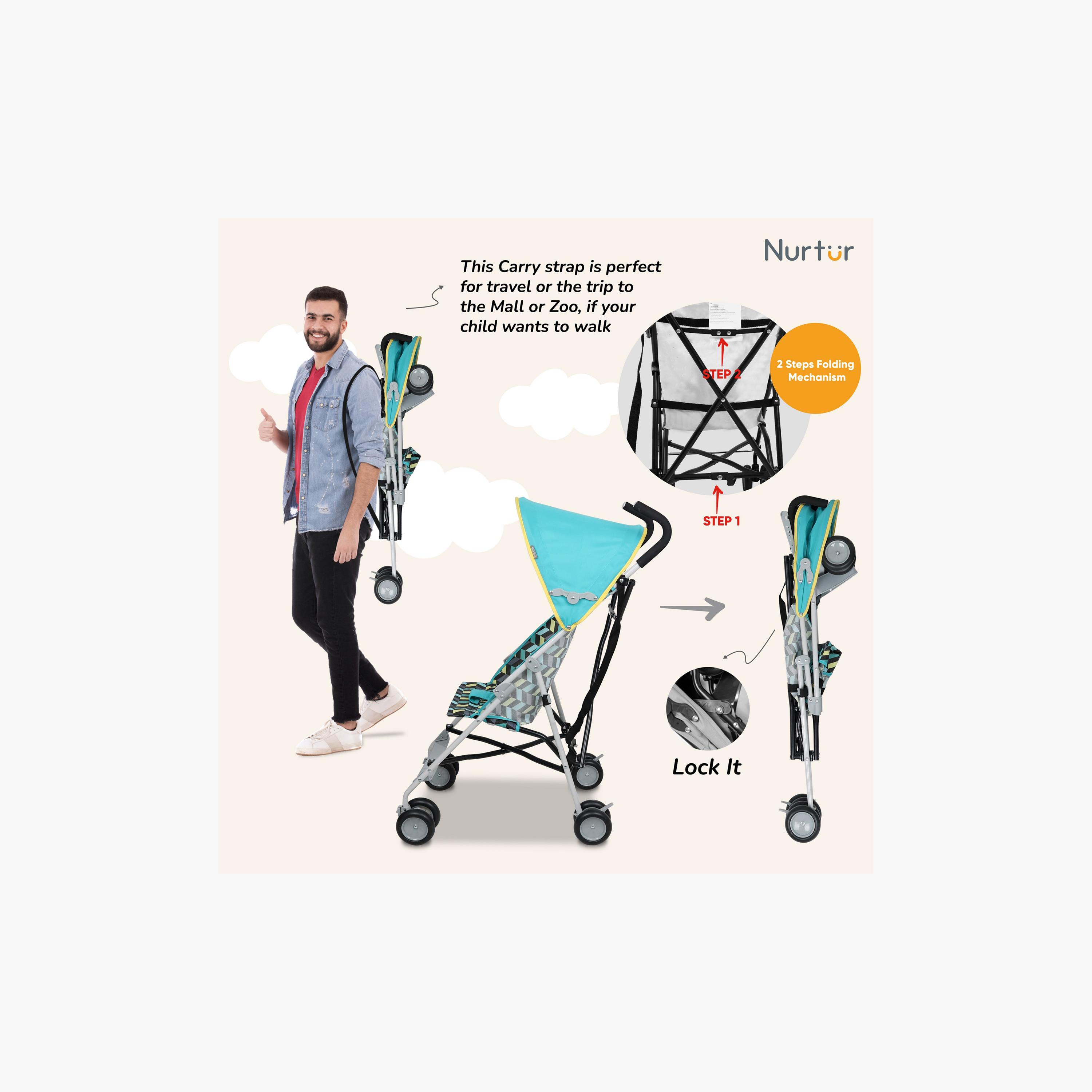 Nurtur Rex Buggy Lightweight Stroller with Compact Fold Canopy, Black/Red-baby-gear-strollersandprams-strollers-image-5