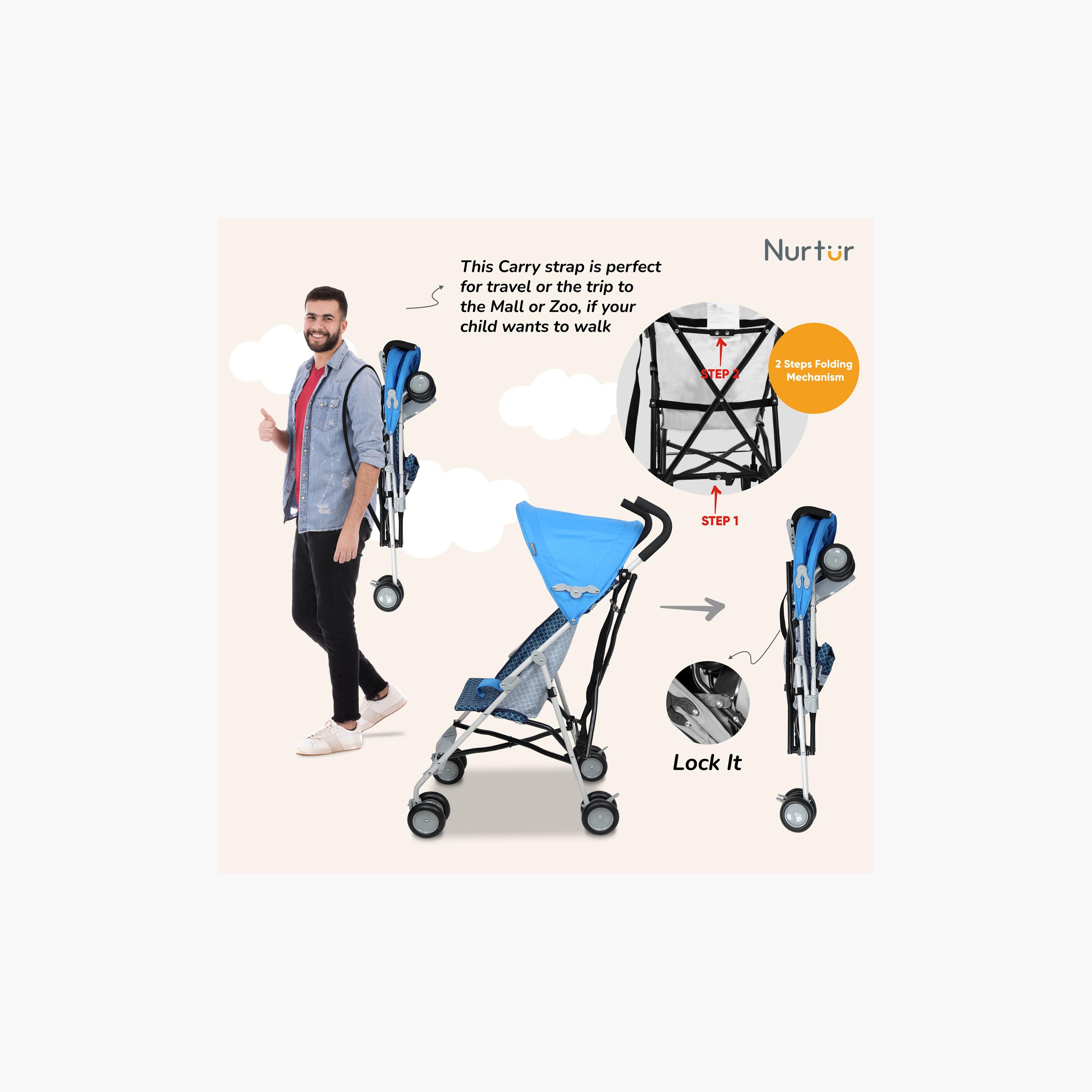 Nurtur Rex Buggy Lightweight Stroller with Compact Fold Canopy, Black/White-baby-gear-strollersandprams-strollers-image-5