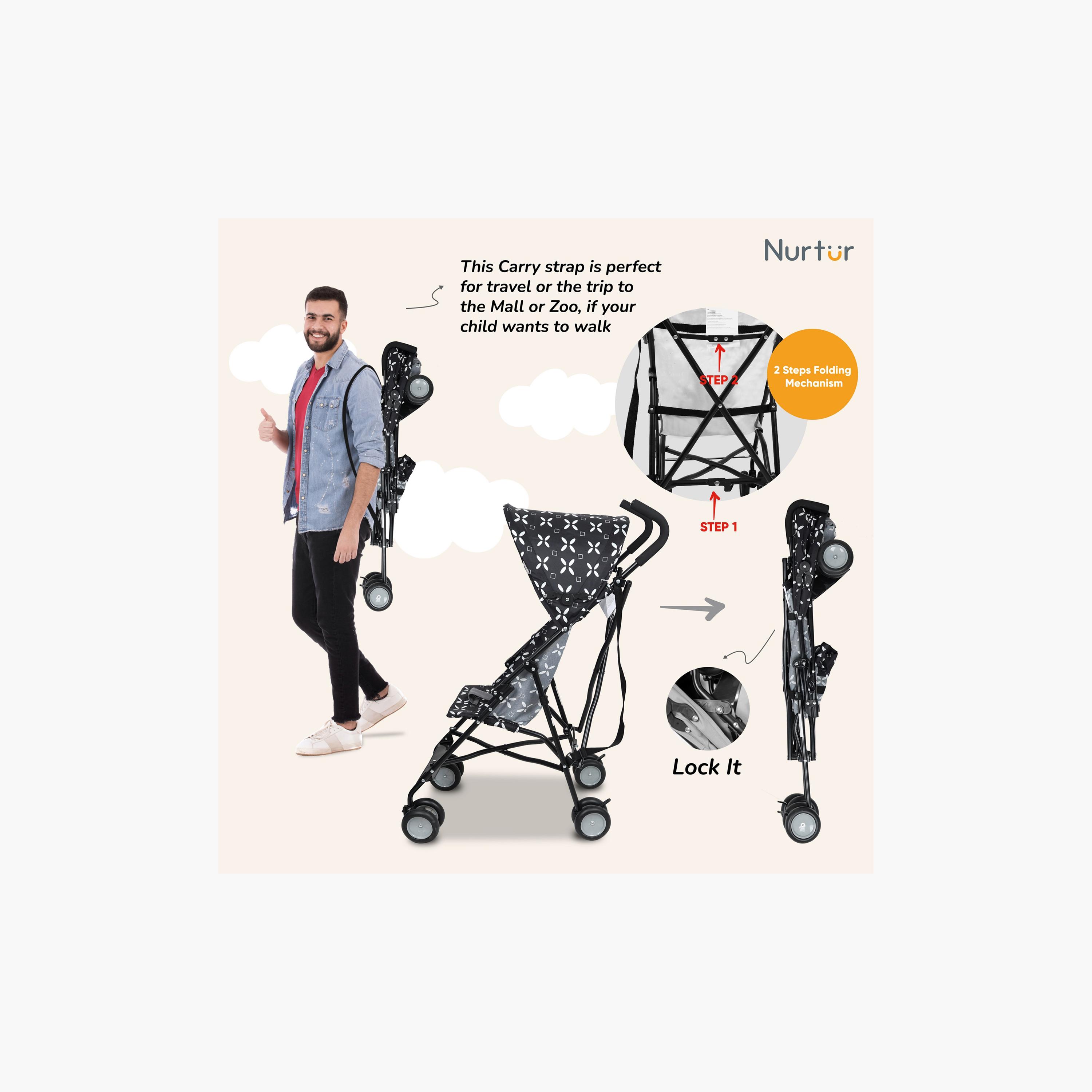 Nurtur Rex Buggy Lightweight Stroller with Compact Fold Canopy, Brown-baby-gear-strollersandprams-strollers-image-5