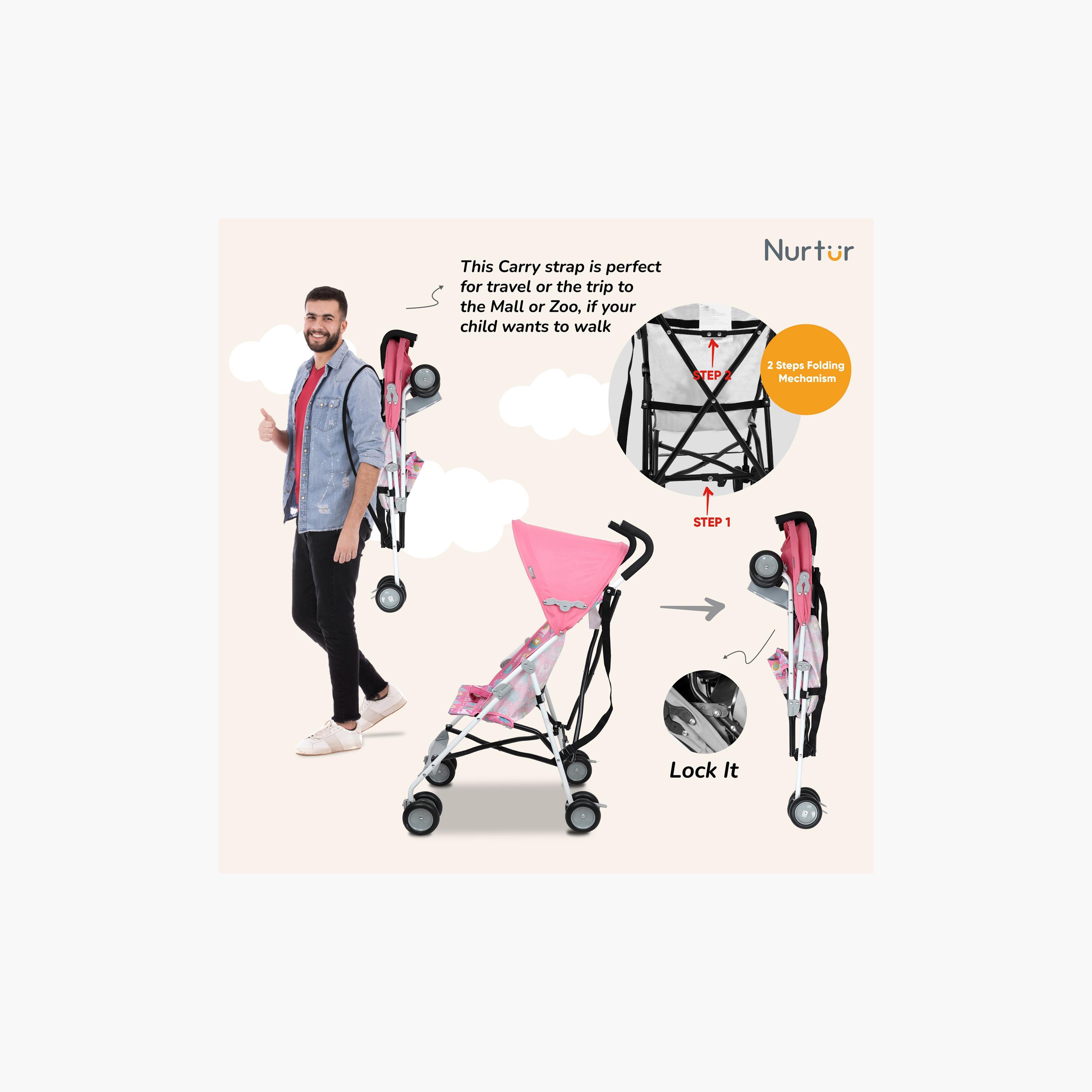 Nurtur Rex Buggy Lightweight Stroller with Compact Fold Canopy, Black/Grey-baby-gear-strollersandprams-strollers-image-5
