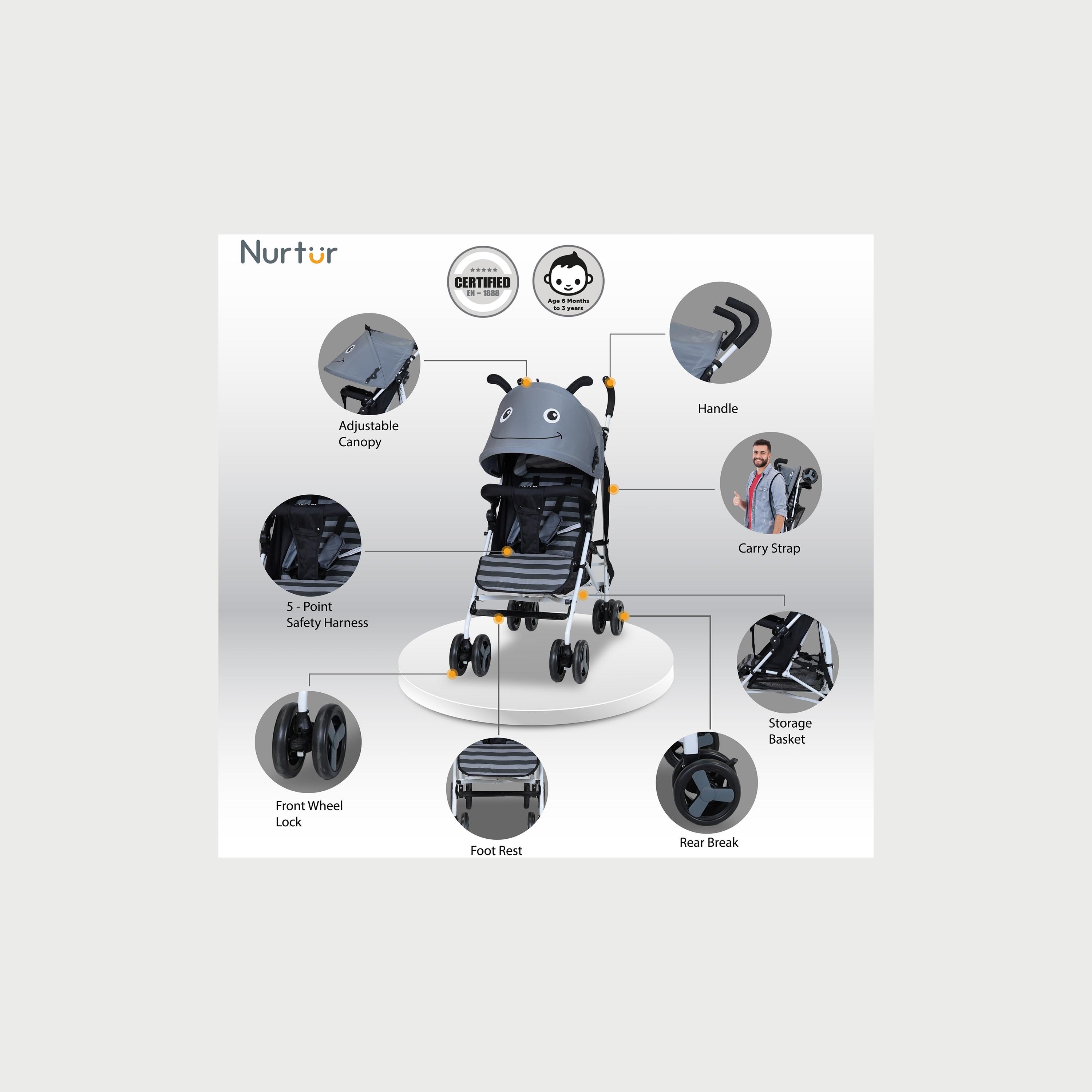 Nurtur Luca Lightweight Stroller with 5 Point Safety Harness, Bee-baby-gear-strollersandprams-strollers-image-2