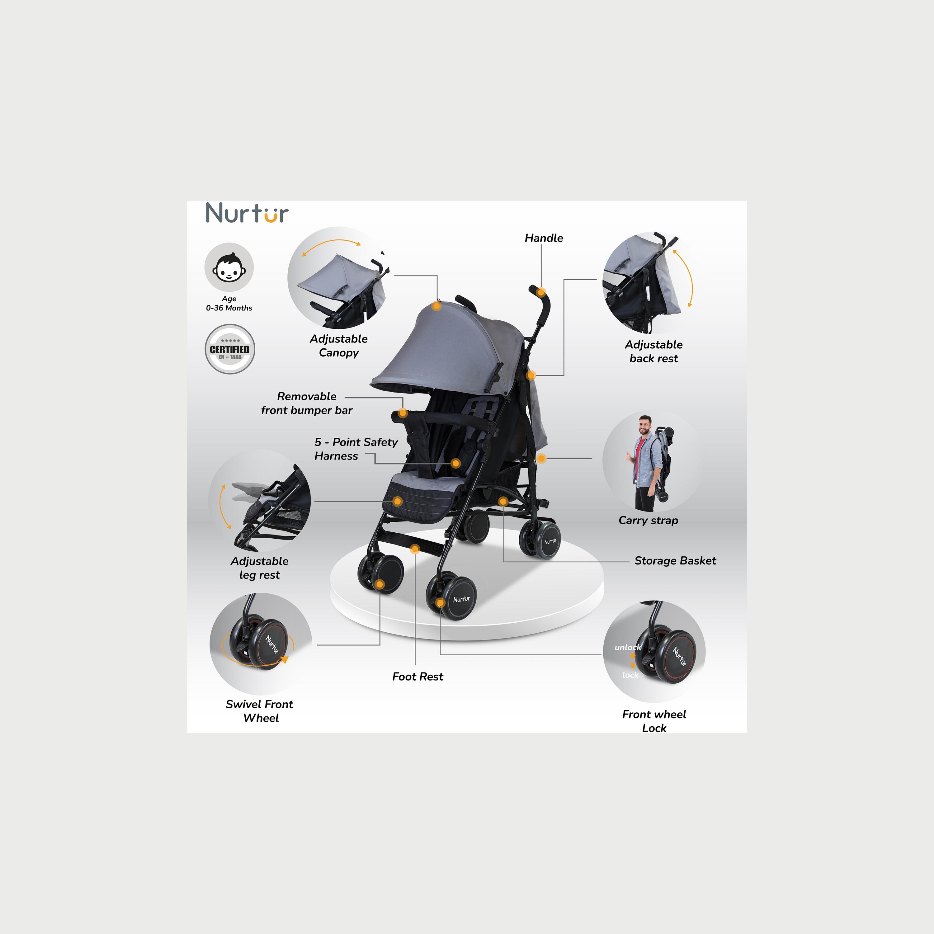 Nurtur Archer Lightweight Stroller with Storage Basket & Detachable Bumper-baby-gear-strollersandprams-strollers-image-2