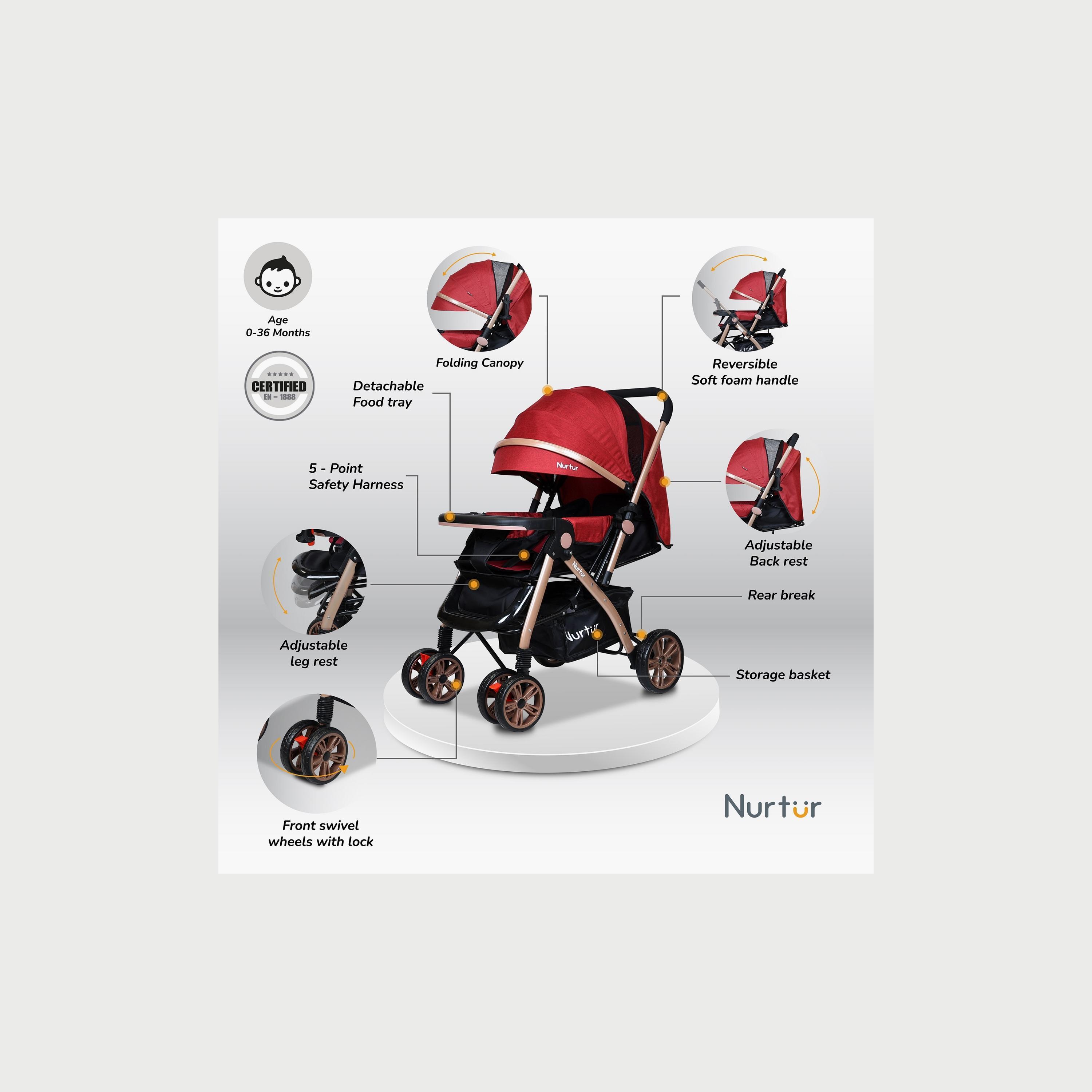 Nurtur Wilder Travel Stroller with Adjustable Backrest & Reversible Handle-baby-gear-strollersandprams-strollers-image-2