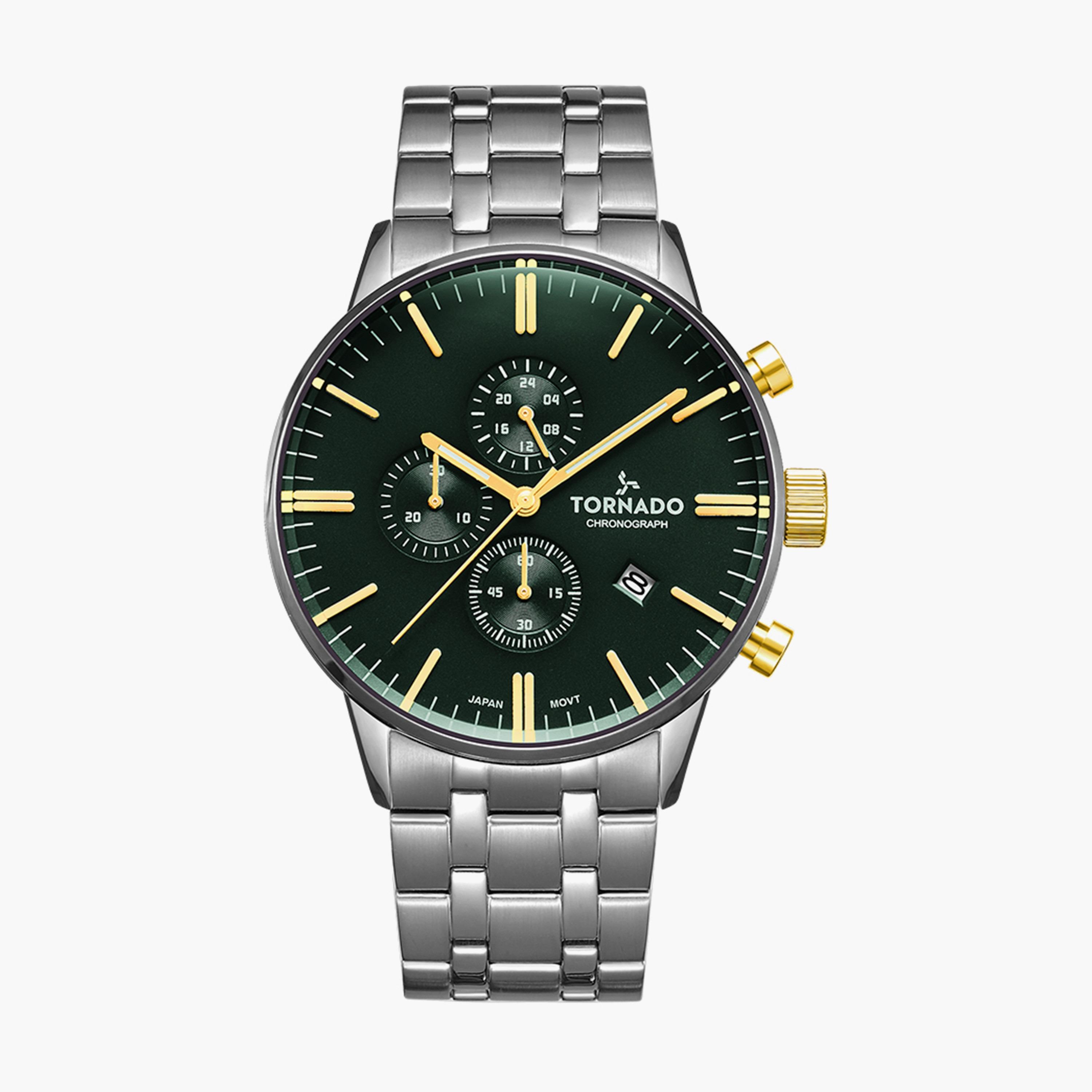 ساعة كرونوغراف بسوار ستانلس ستيل بلون فضي للرجال من تورنيدو | T6102-SBSH-men-watchesandjewellery-watches-image-1