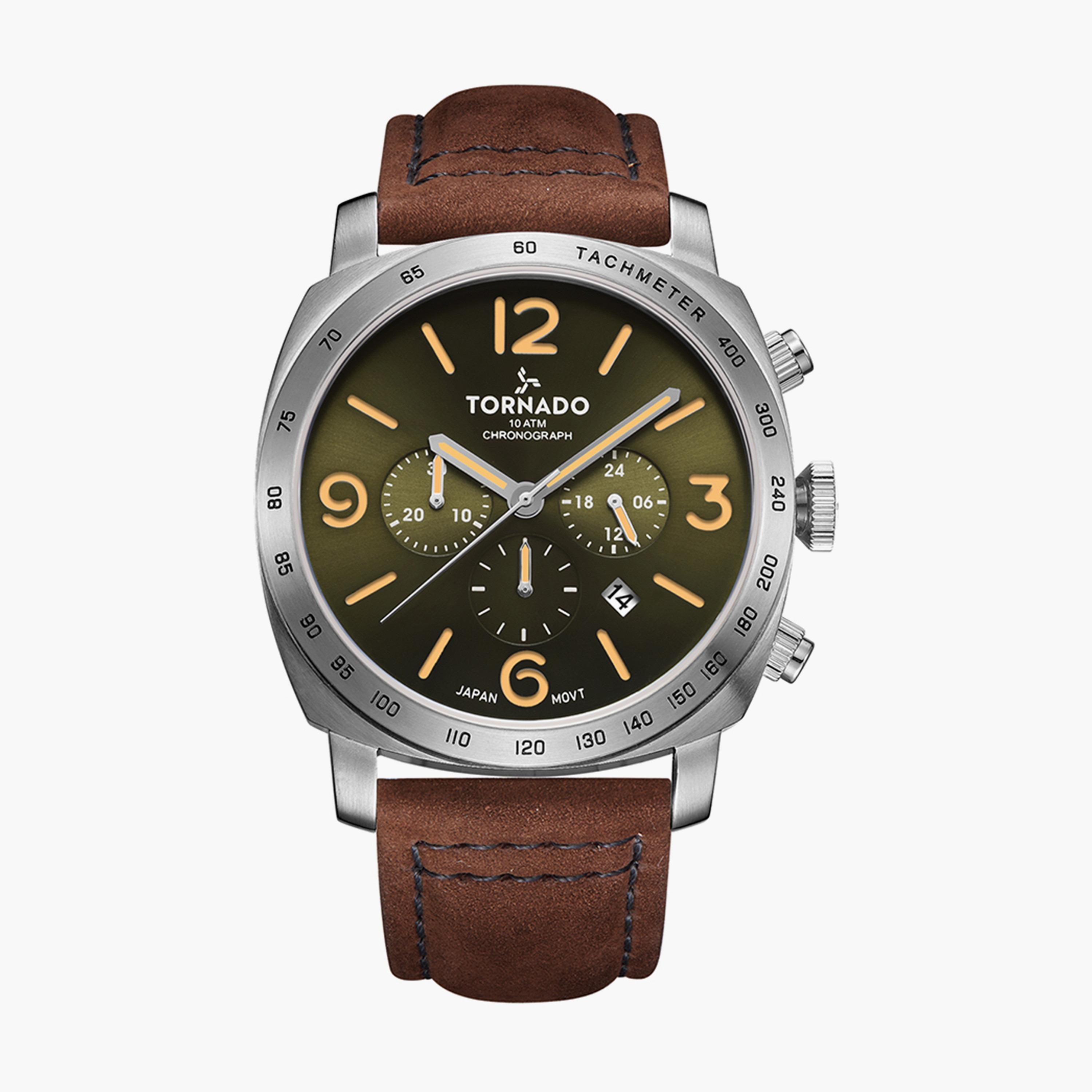 ساعة كرونوغراف بسوار جلدي بلون بني للرجال من تورنيدو | T9102-SLDH-men-watchesandjewellery-watches-image-1
