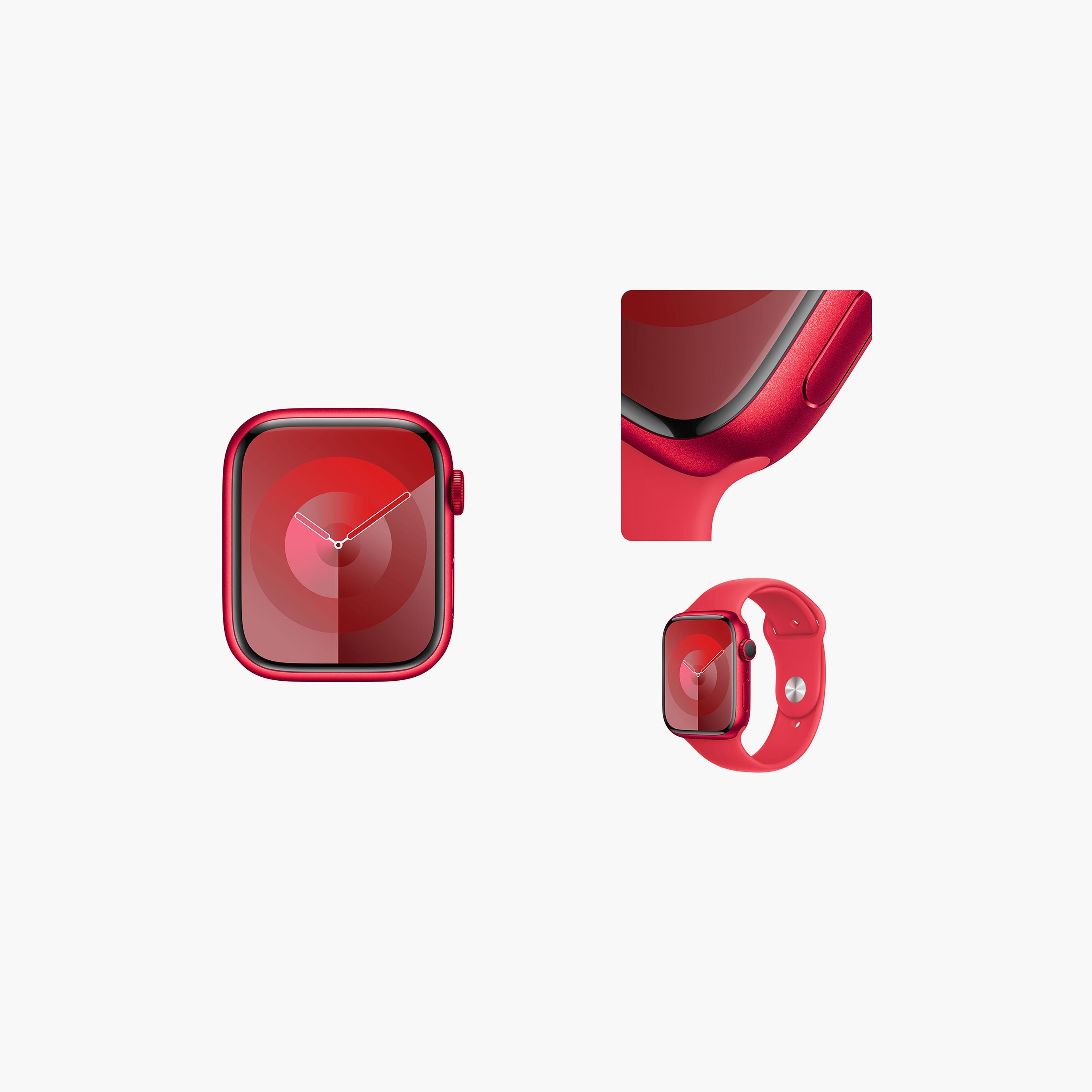 ساعة أبل الجيل التاسع جي بي إس + سيلولار مقاس 45 ملم ذو م/ك مع كيس من الألومنيوم باللون الأحمر (المنتج) مع حزام رياضي باللون الأحمر (المنتج) | MRYG3QA/A-electronics-smartwatches-image-7
