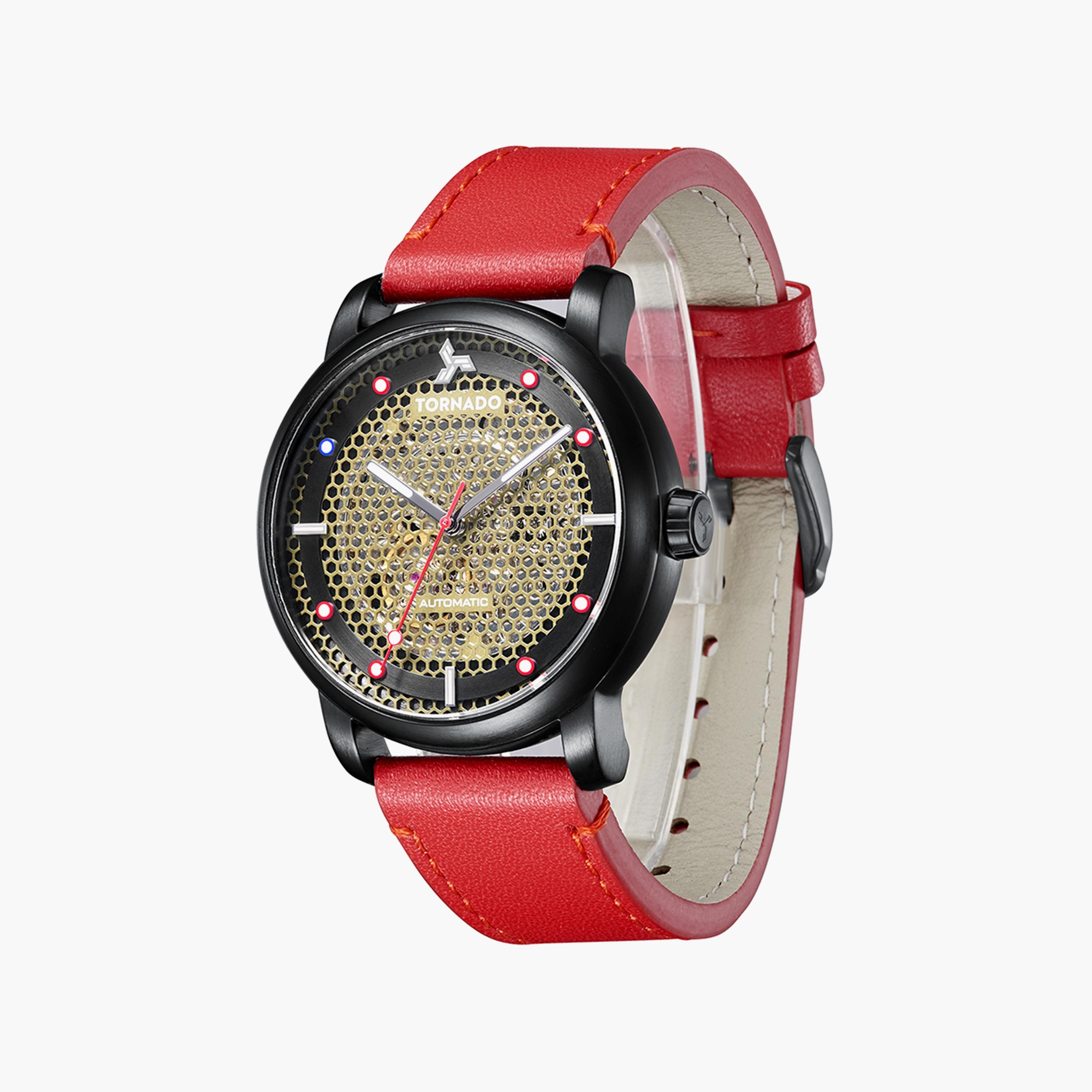 ساعة أوتوماتيك للرجال بسوار جلدي بلون أحمر من تورنادو | T20308-BLRBG-men-watchesandjewellery-watches-image-2