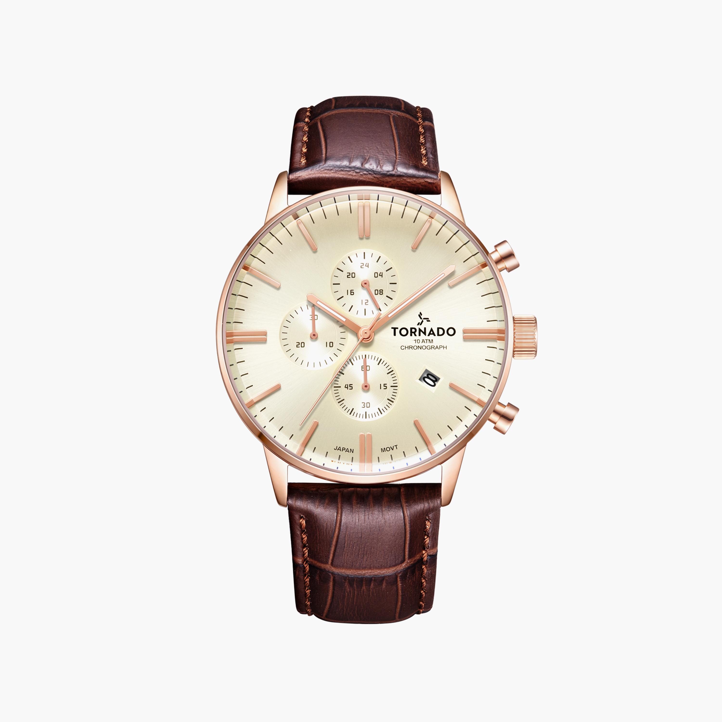 ساعة كرونوغراف للرجال بسوار جلدي بلون بني من تورنادو | T6102-RLDI-men-watchesandjewellery-watches-image-1