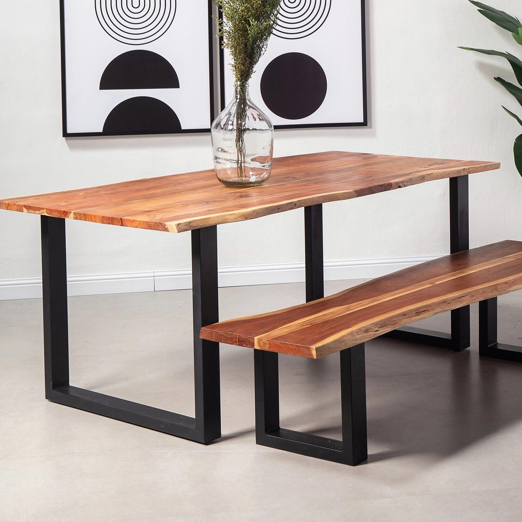 HomeKode Dark Acacia 8-Seater Wooden Top Dining Table with U-Shape Leg - 4cm Thickness