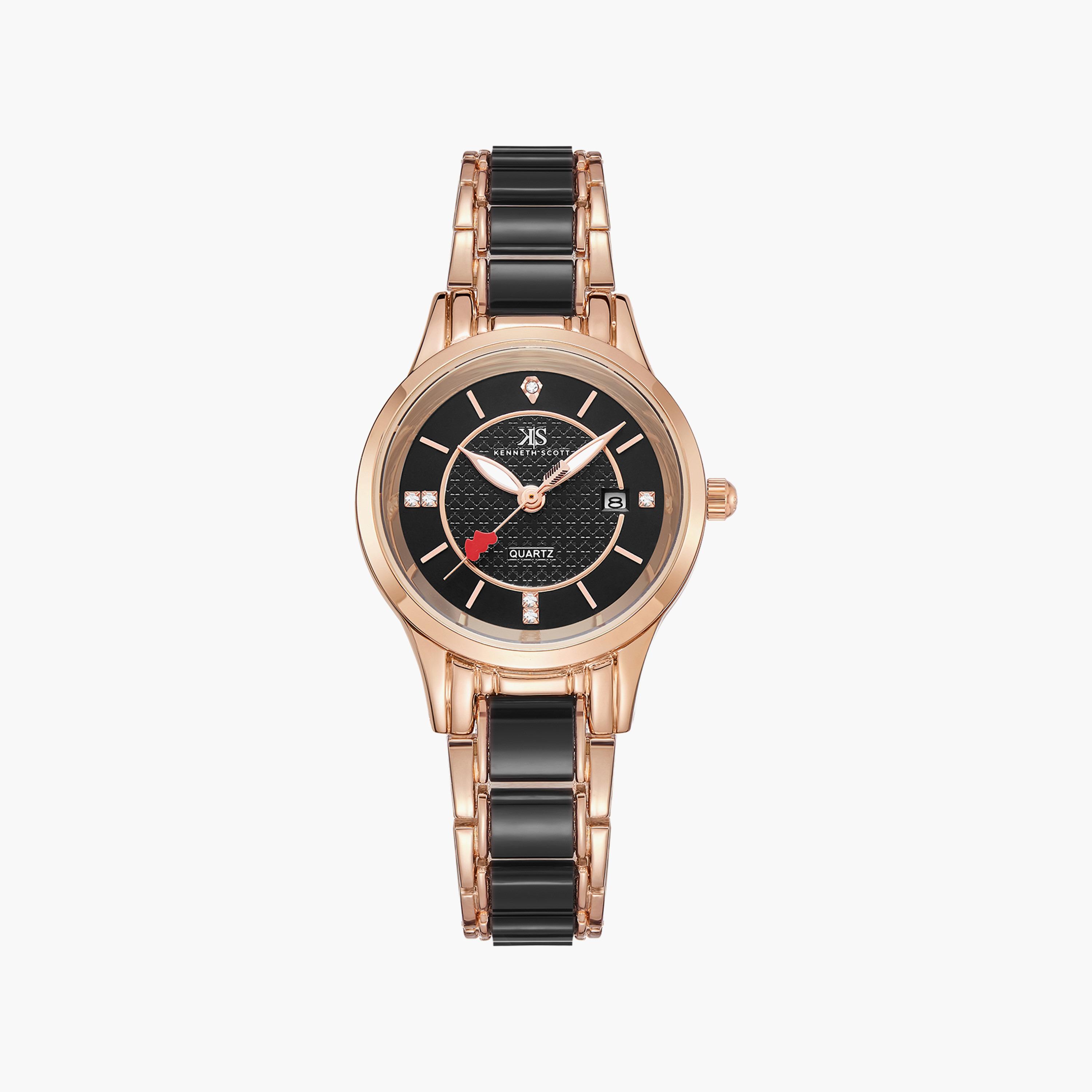 ساعة أنالوج سوداء وذهبية وردية بسوار ستانلس ستيل من كينيث سكوت | K23517-RCBB-women-watchesandjewellery-watches-image-1