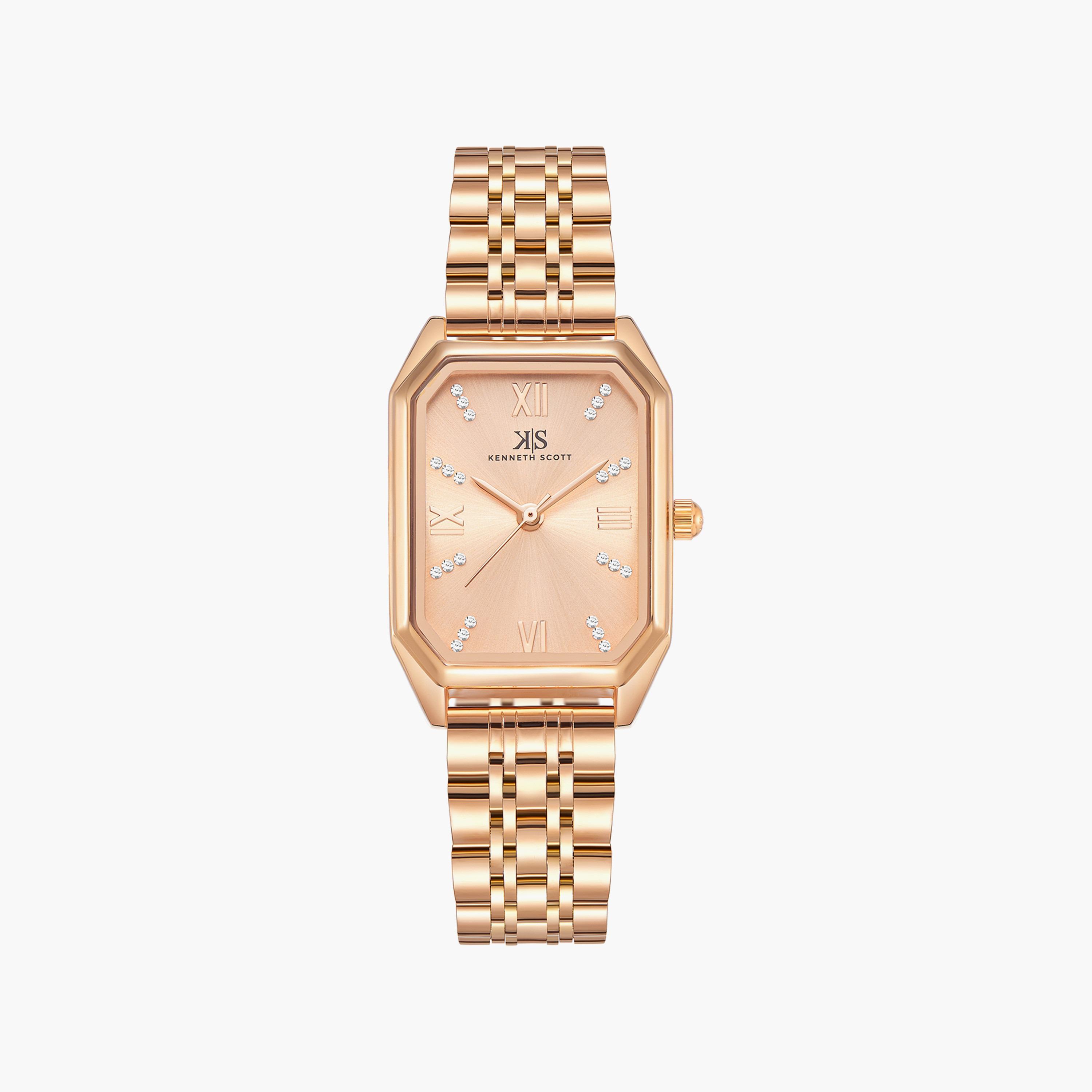 ساعة أنالوج ذهبية وردية بسوار ستانلس ستيل من كينيث سكوت | K23519-RBKK-women-watchesandjewellery-watches-image-1