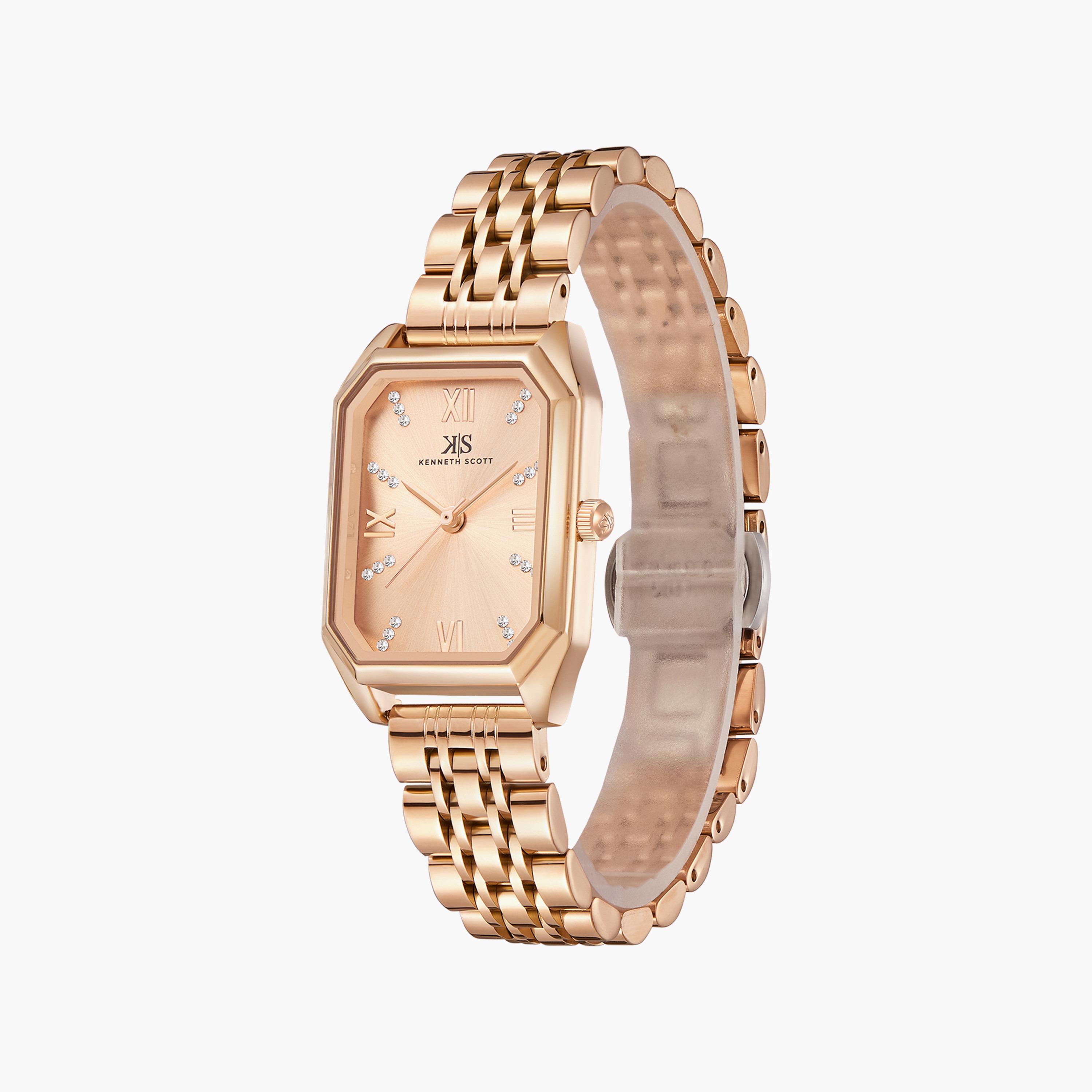 ساعة أنالوج ذهبية وردية بسوار ستانلس ستيل من كينيث سكوت | K23519-RBKK-women-watchesandjewellery-watches-image-2