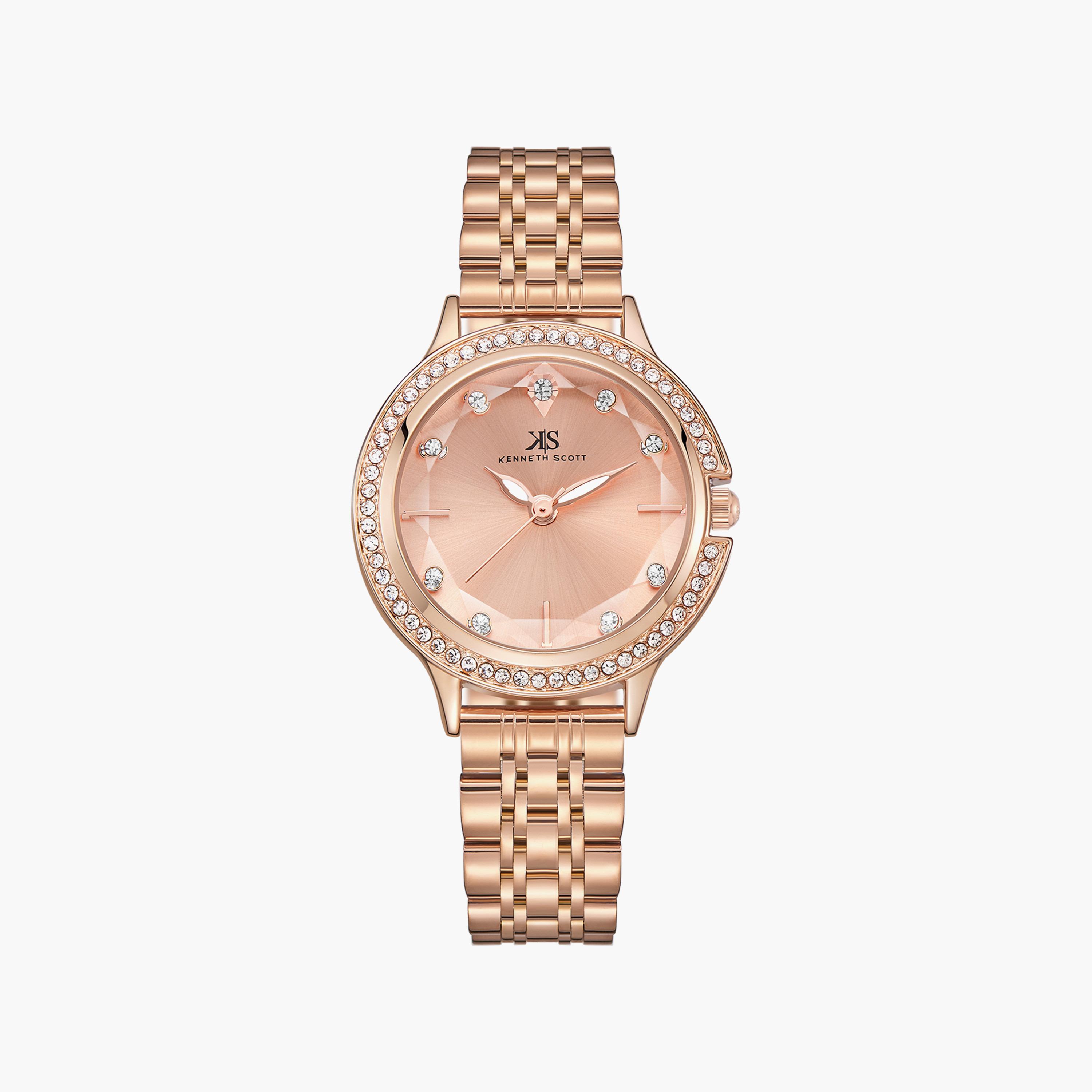 ساعة أنالوج ذهبية وردية بسوار ستانلس ستيل من كينيث سكوت | K23521-RBKK-women-watchesandjewellery-watches-image-1
