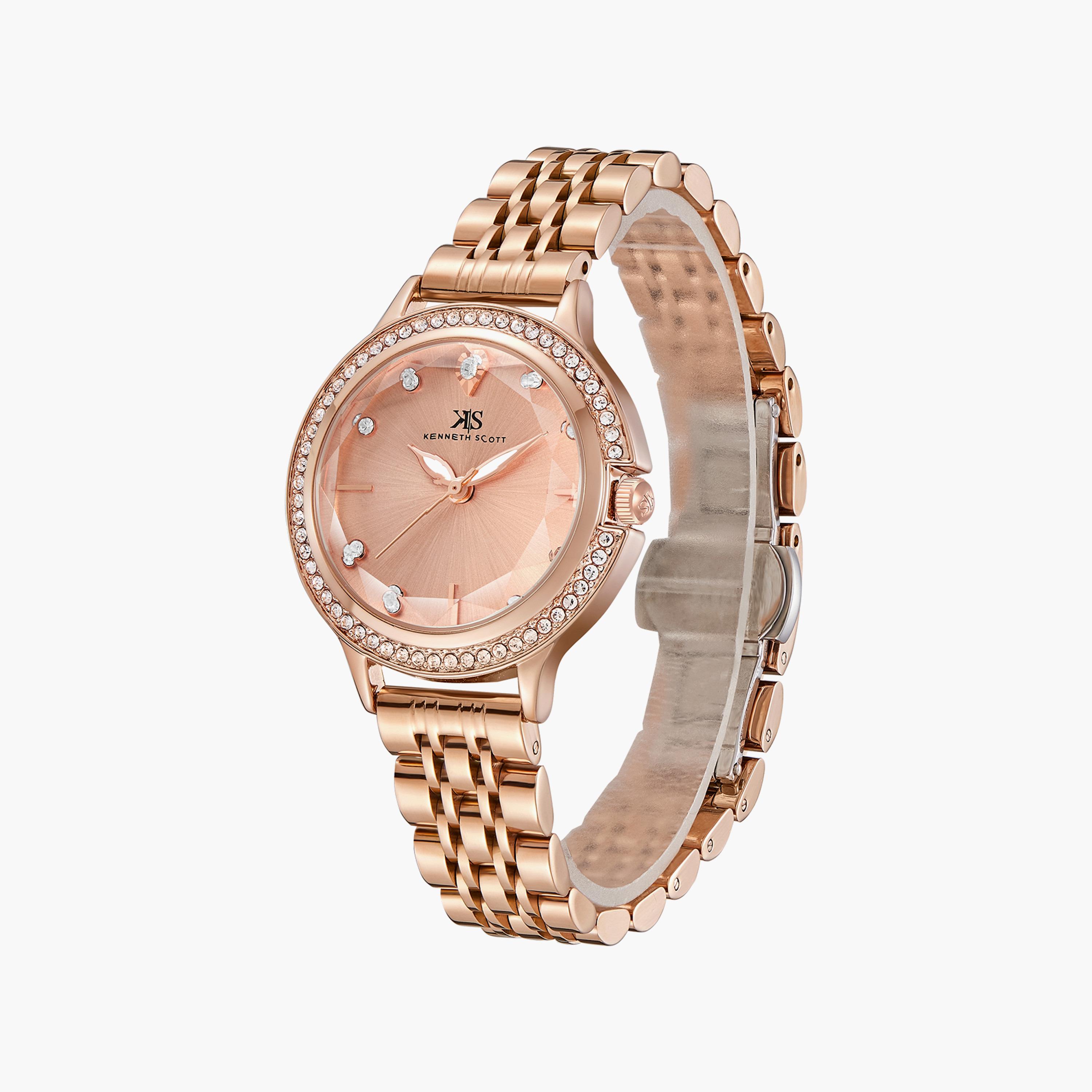 ساعة أنالوج ذهبية وردية بسوار ستانلس ستيل من كينيث سكوت | K23521-RBKK-women-watchesandjewellery-watches-image-2