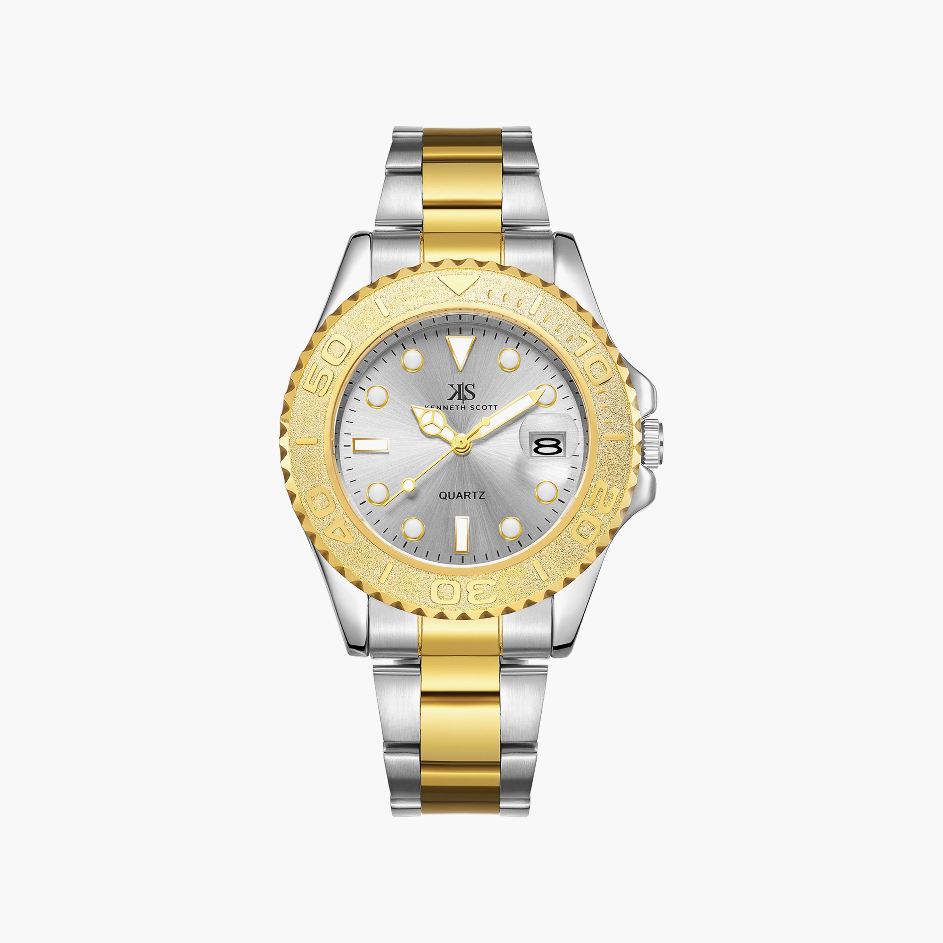 ساعة أنالوج فضية وذهبية بسوار ستانلس ستيل من كينيث سكوت للرجال | K23022-TBTW-men-watchesandjewellery-watches-image-1