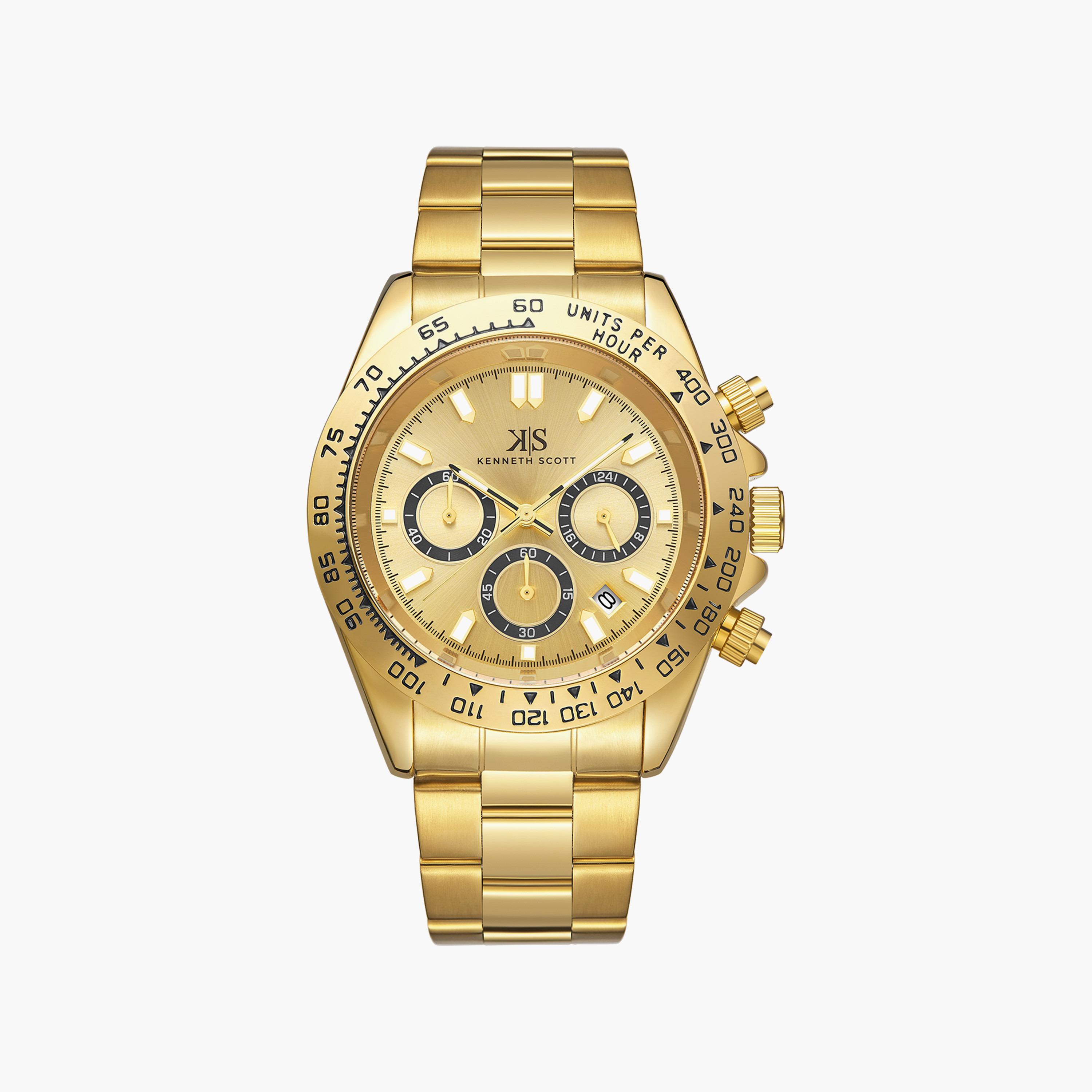ساعة كرونوغراف ذهبية بسوار ستانلس ستيل من كينيث سكوت للرجال | K23123-GBGC-men-watchesandjewellery-watches-image-1