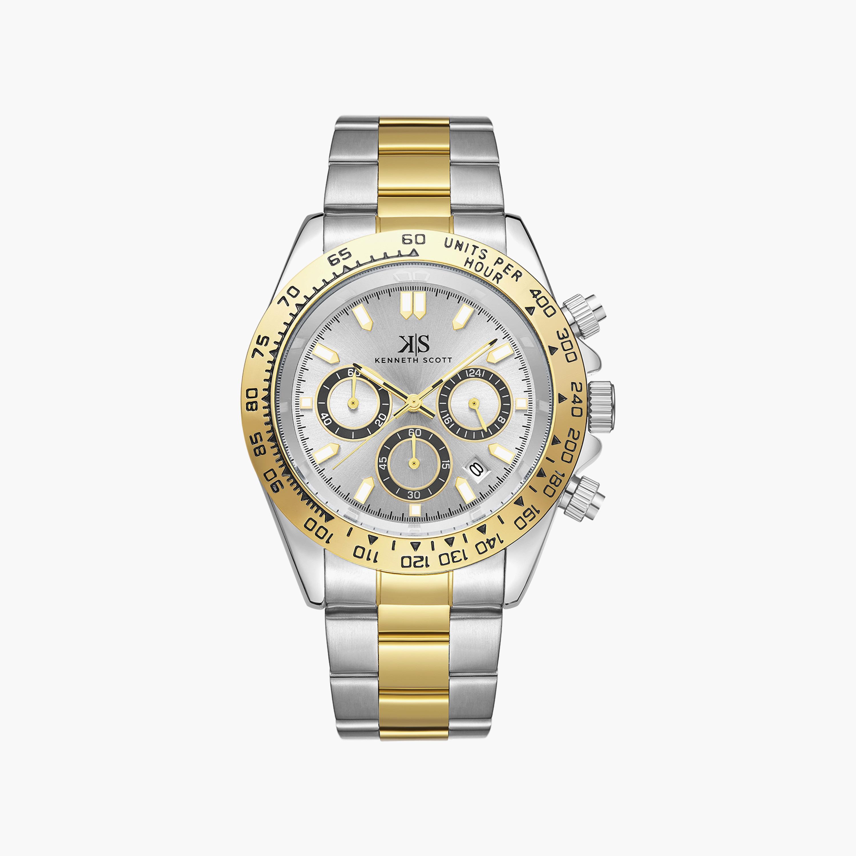 ساعة كرونوغراف فضية وذهبية بسوار ستانلس ستيل من كينيث سكوت للرجال | K23123-TBTW-men-watchesandjewellery-watches-image-1