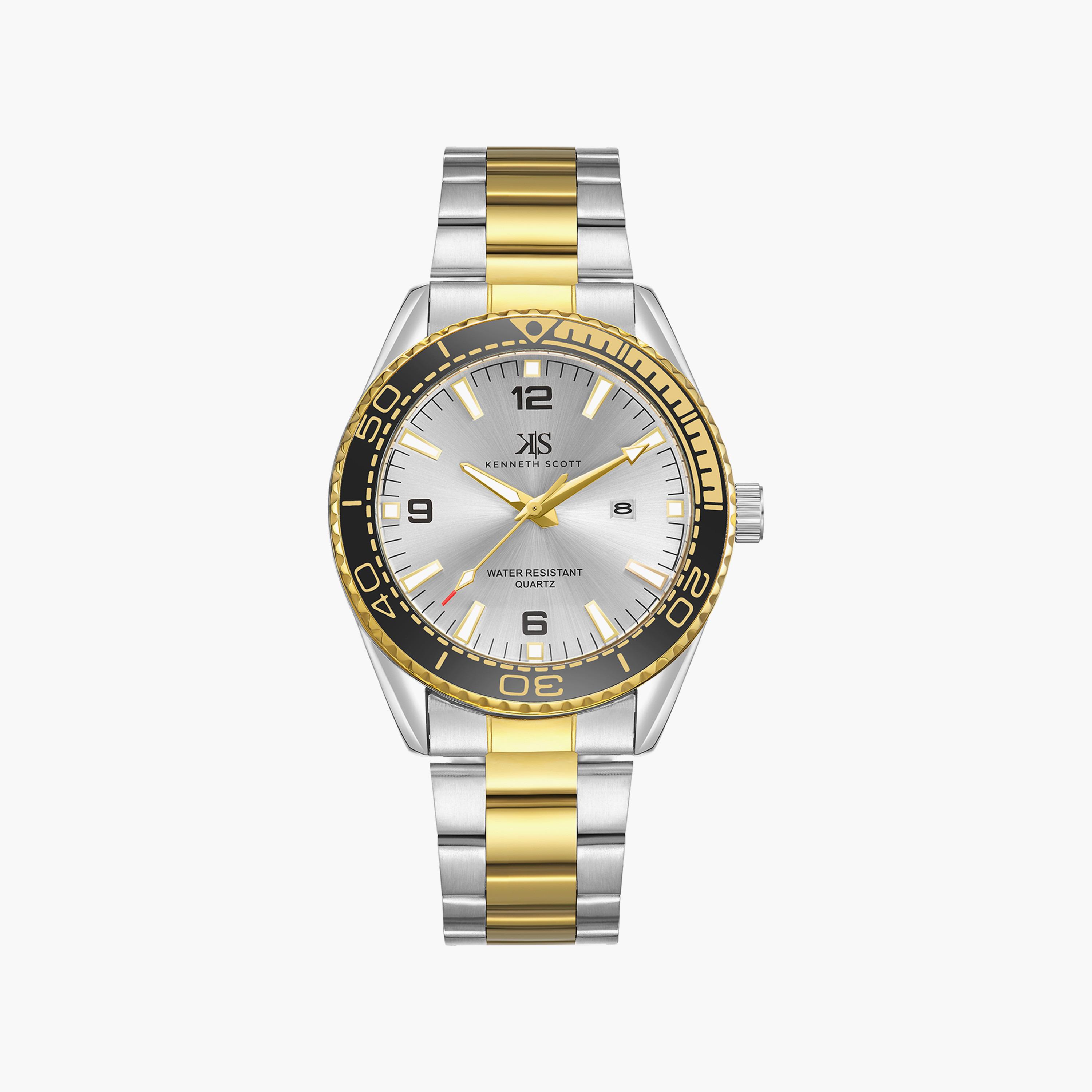 ساعة أنالوج فضية وذهبية بسوار ستانلس ستيل من كينيث سكوت للرجال | K23024-TBTSB-men-watchesandjewellery-watches-image-1