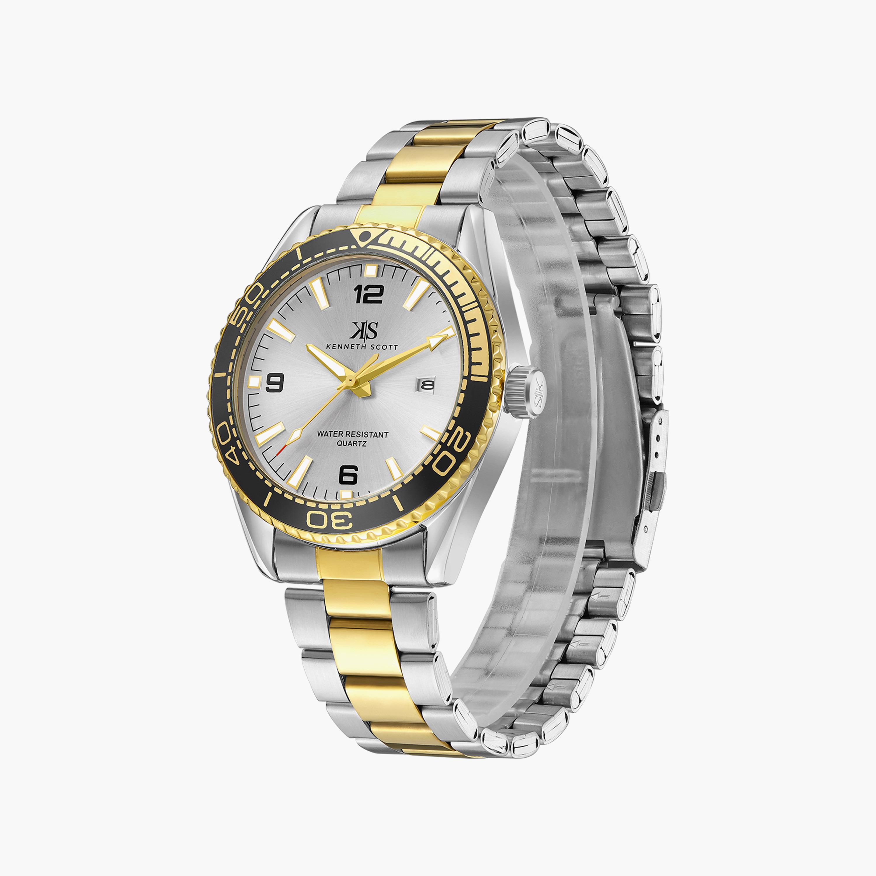 ساعة أنالوج فضية وذهبية بسوار ستانلس ستيل من كينيث سكوت للرجال | K23024-TBTSB-men-watchesandjewellery-watches-image-2