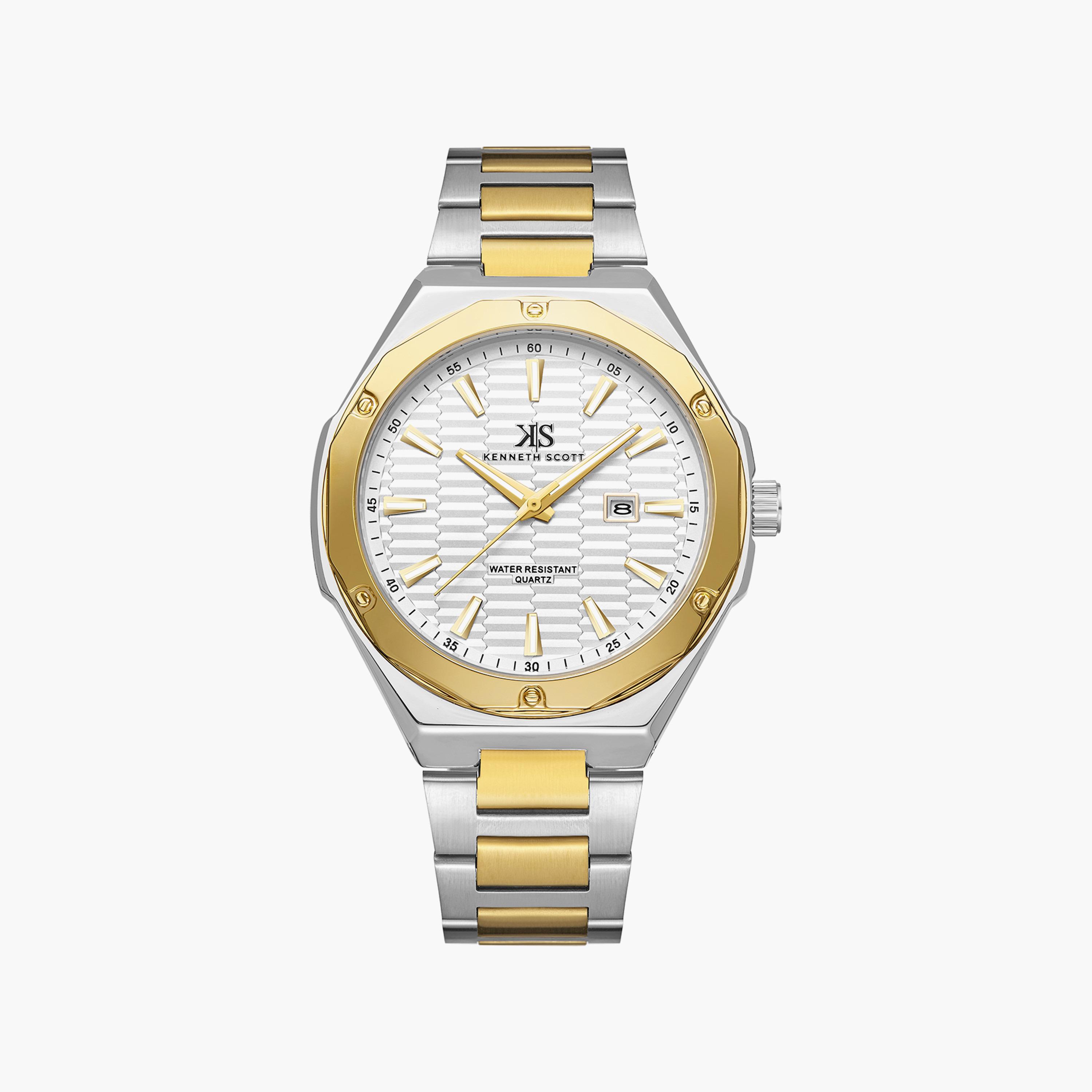 ساعة أنالوج فضية وذهبية بسوار ستانلس ستيل من كينيث سكوت للرجال | K23026-TBTW-men-watchesandjewellery-watches-image-1