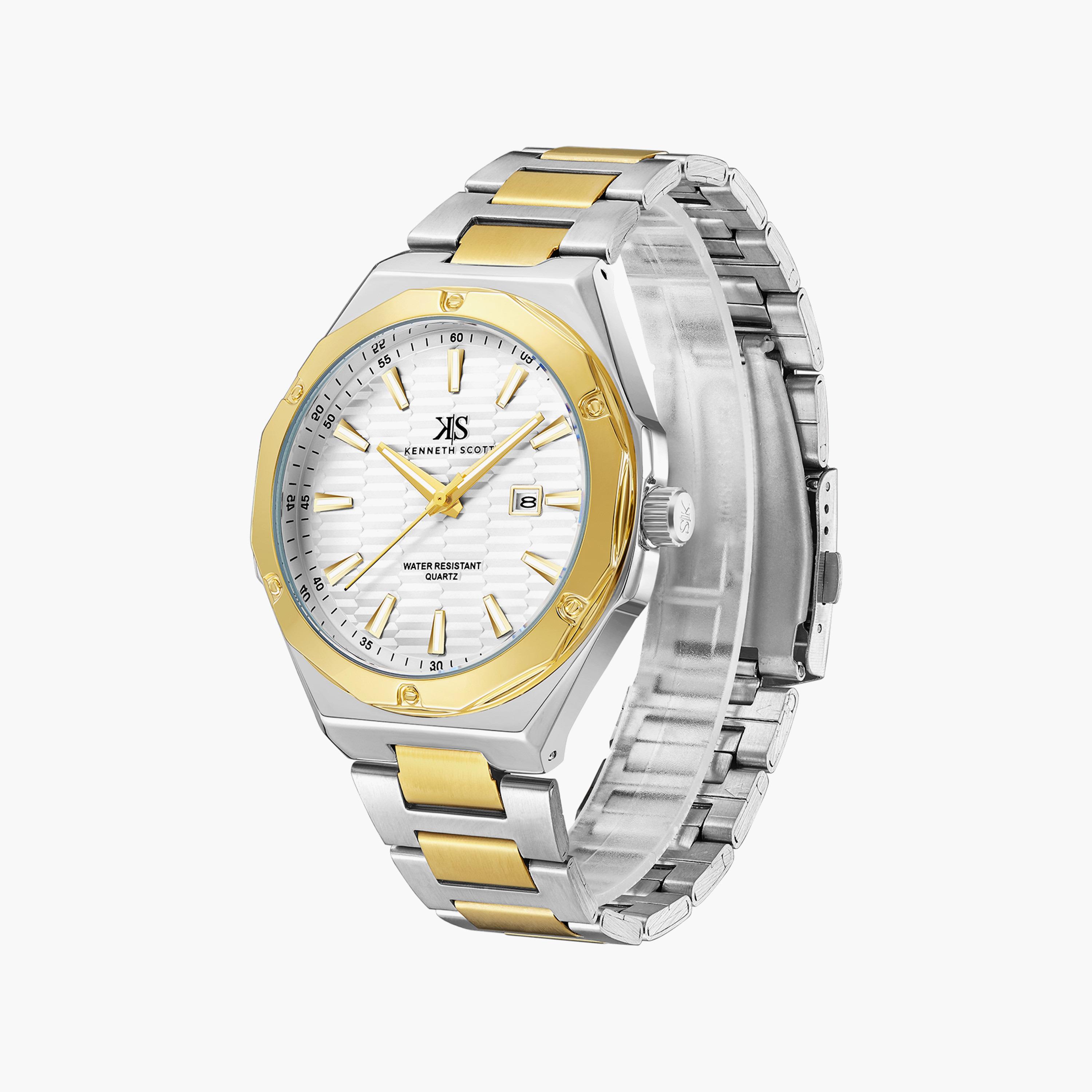 ساعة أنالوج فضية وذهبية بسوار ستانلس ستيل من كينيث سكوت للرجال | K23026-TBTW-men-watchesandjewellery-watches-image-2