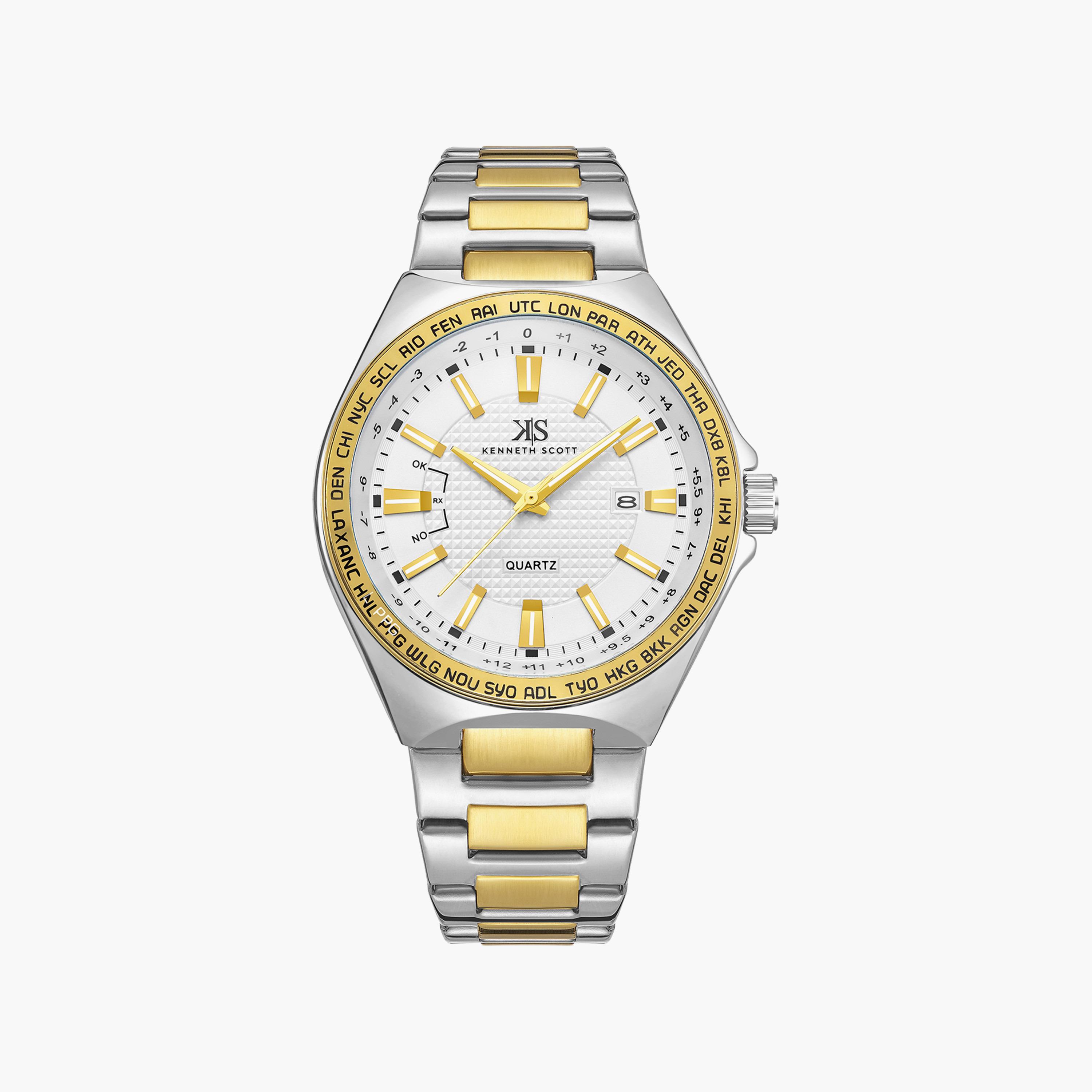 ساعة أنالوج فضية وذهبية بسوار ستانلس ستيل من كينيث سكوت للرجال | K23027-TBTW-men-watchesandjewellery-watches-image-1