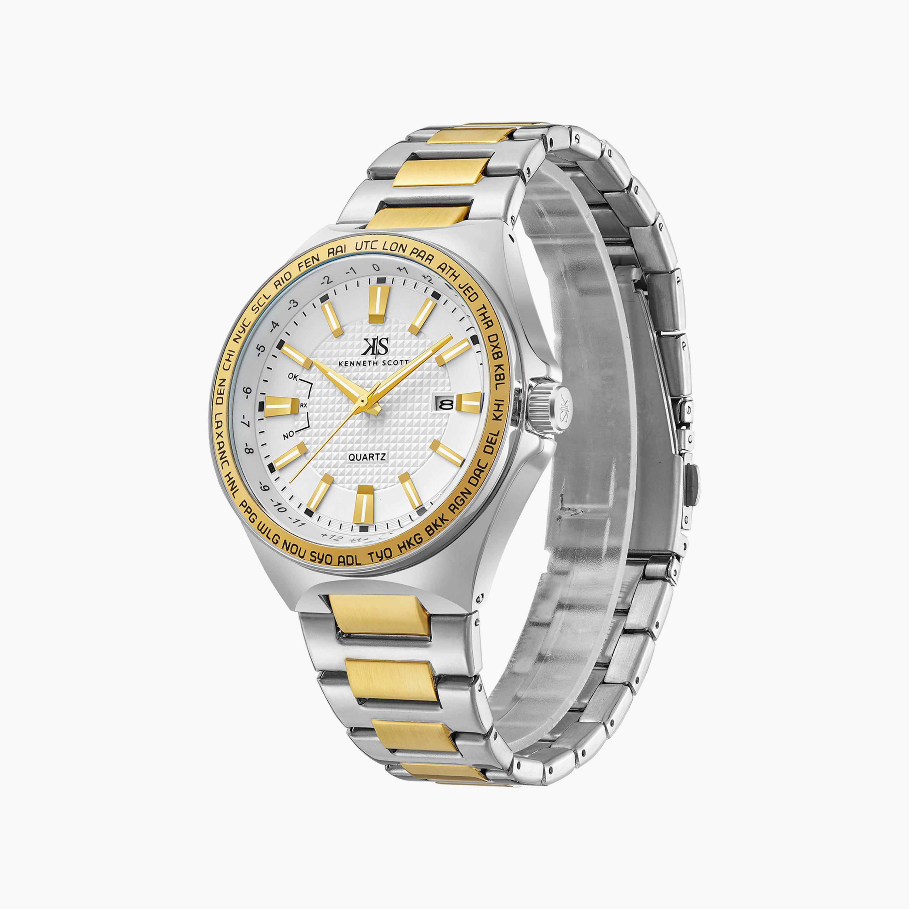 ساعة أنالوج فضية وذهبية بسوار ستانلس ستيل من كينيث سكوت للرجال | K23027-TBTW-men-watchesandjewellery-watches-image-2