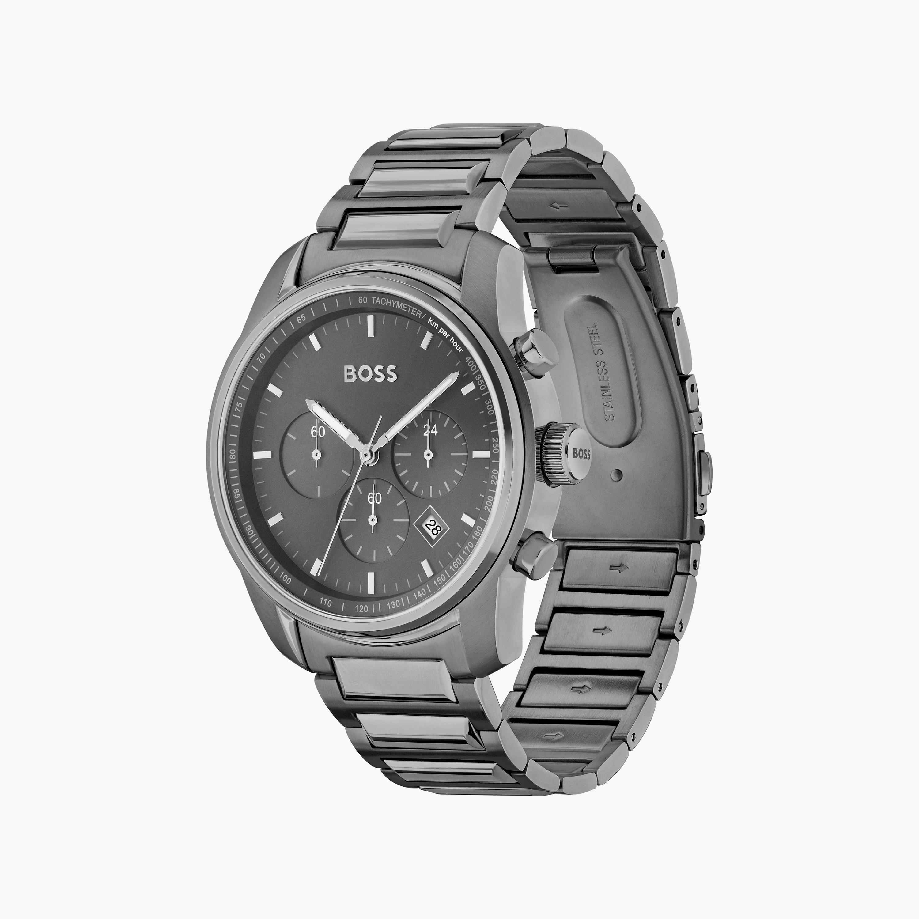 ساعة كرونوغراف بلون رمادي بسوار ستانلس ستيل من هيوغو بوس للرجال مع 44 مم | 1514005-men-watchesandjewellery-watches-image-2