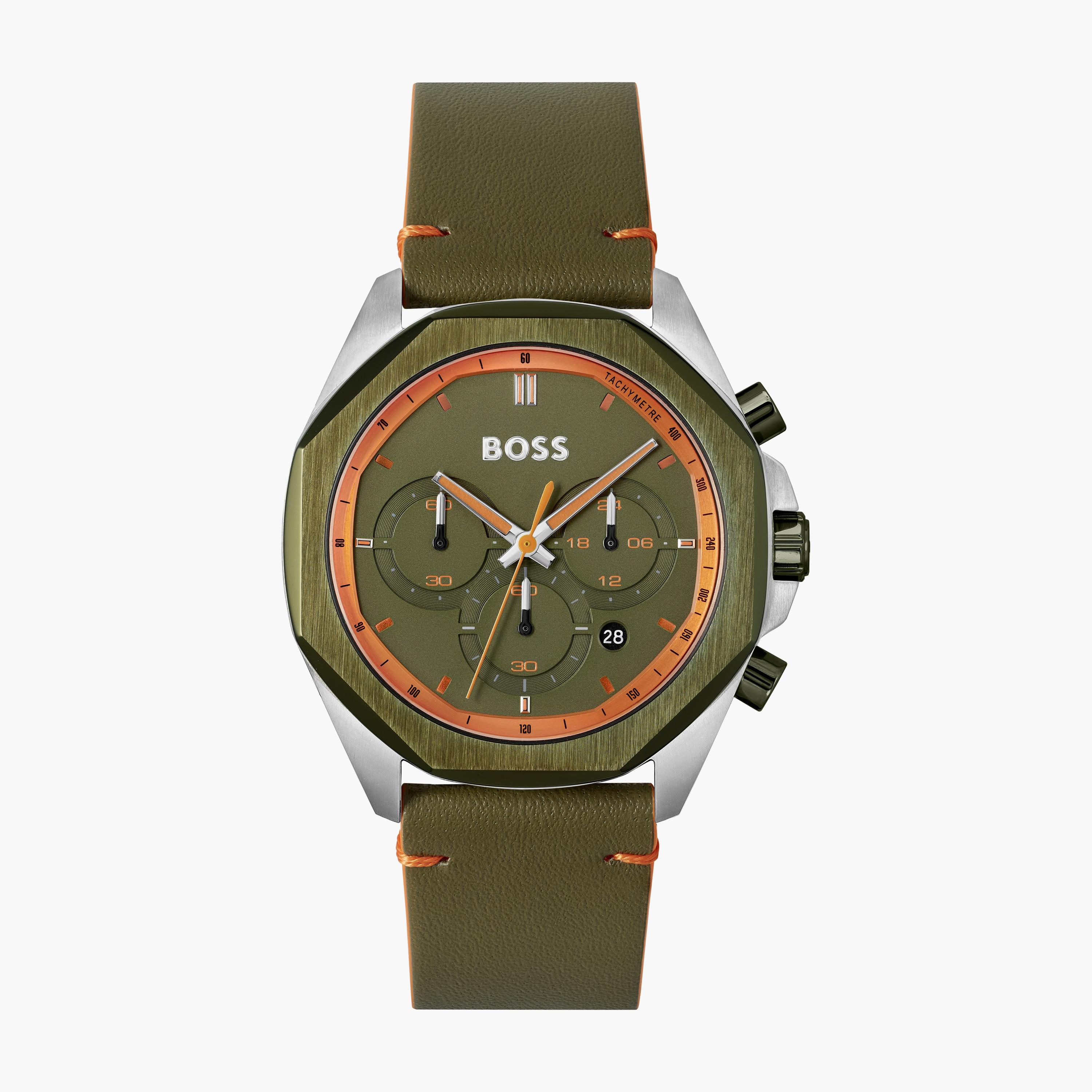 Buy Men s Hugo Boss 44 MM Men s Green Chronograph Leather Strap Watch 1514018 Online Centrepoint UAE