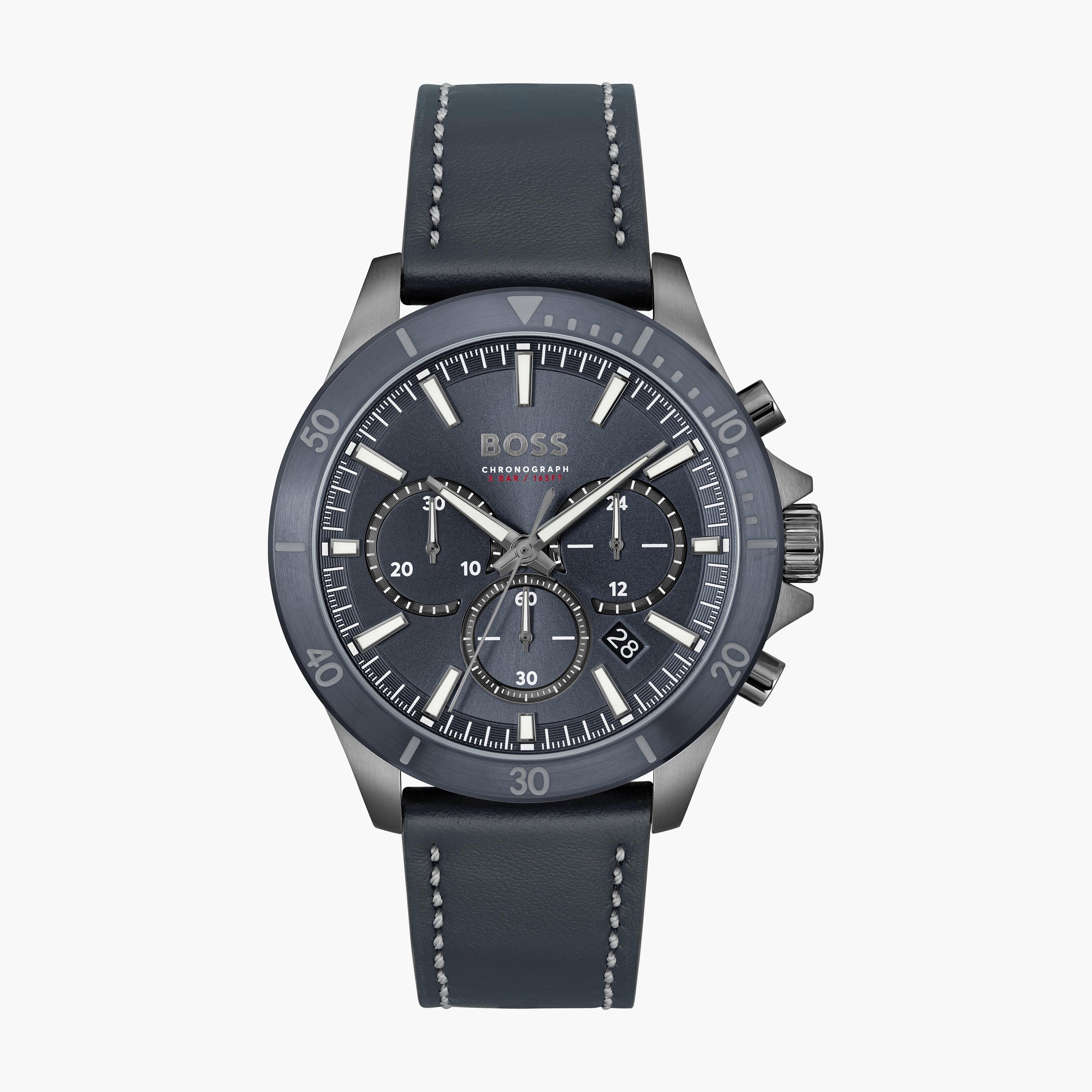 ساعة كرونوغراف بسوار جلدي ازرق للرجال من هيوغو بوس مع 45 مم | 1514056-men-watchesandjewellery-watches-image-1