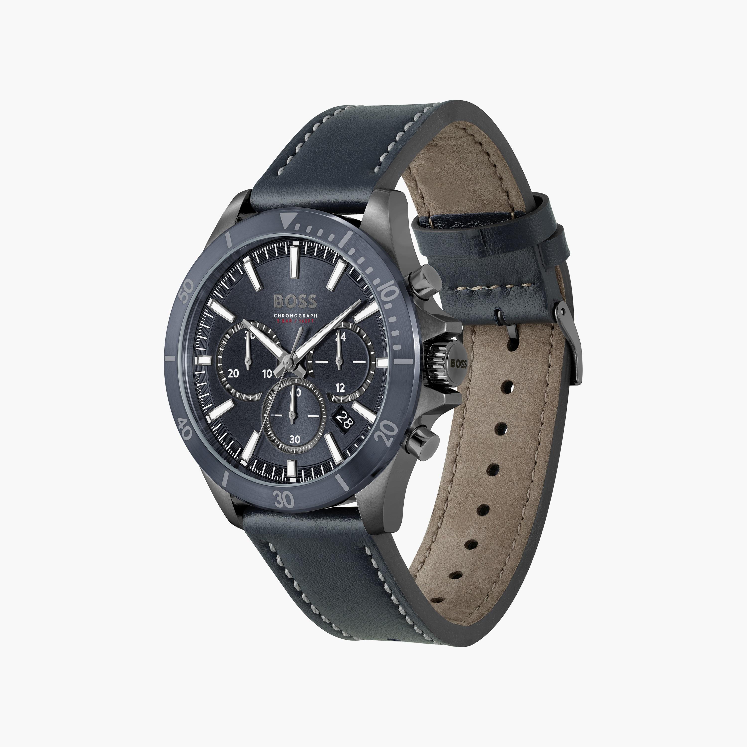 ساعة كرونوغراف بسوار جلدي ازرق للرجال من هيوغو بوس مع 45 مم | 1514056-men-watchesandjewellery-watches-image-2