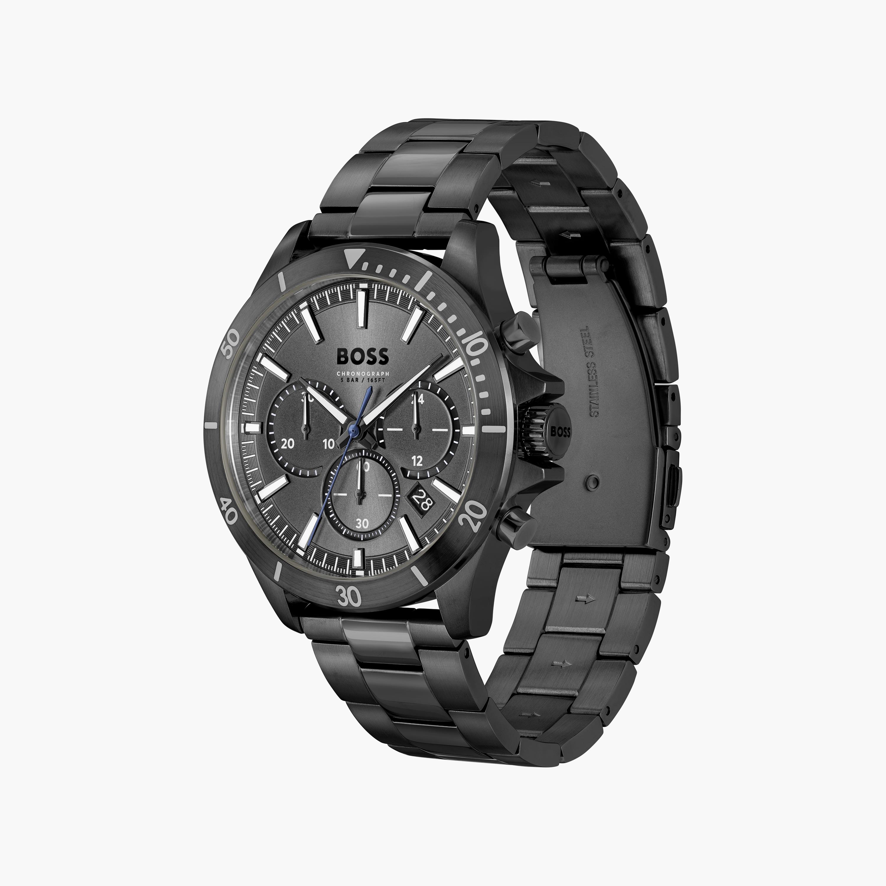 ساعة كرونوغراف بلون اسود بسوار ستانلس ستيل من هيوغو بوس للرجال مع 45 مم | 1514058-men-watchesandjewellery-watches-image-2