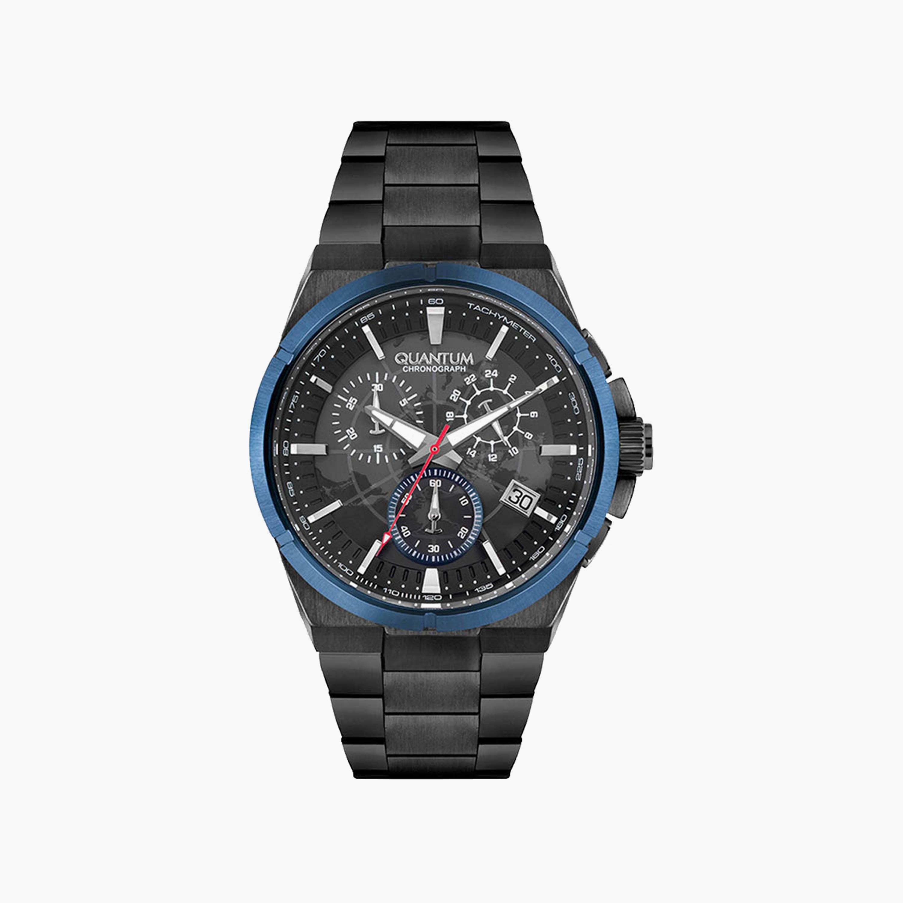 ساعة كرونوغراف سوداء بسوار ستانلس ستيل للرجال من كوانتوم | HNG809.650-men-watchesandjewellery-watches-image-1