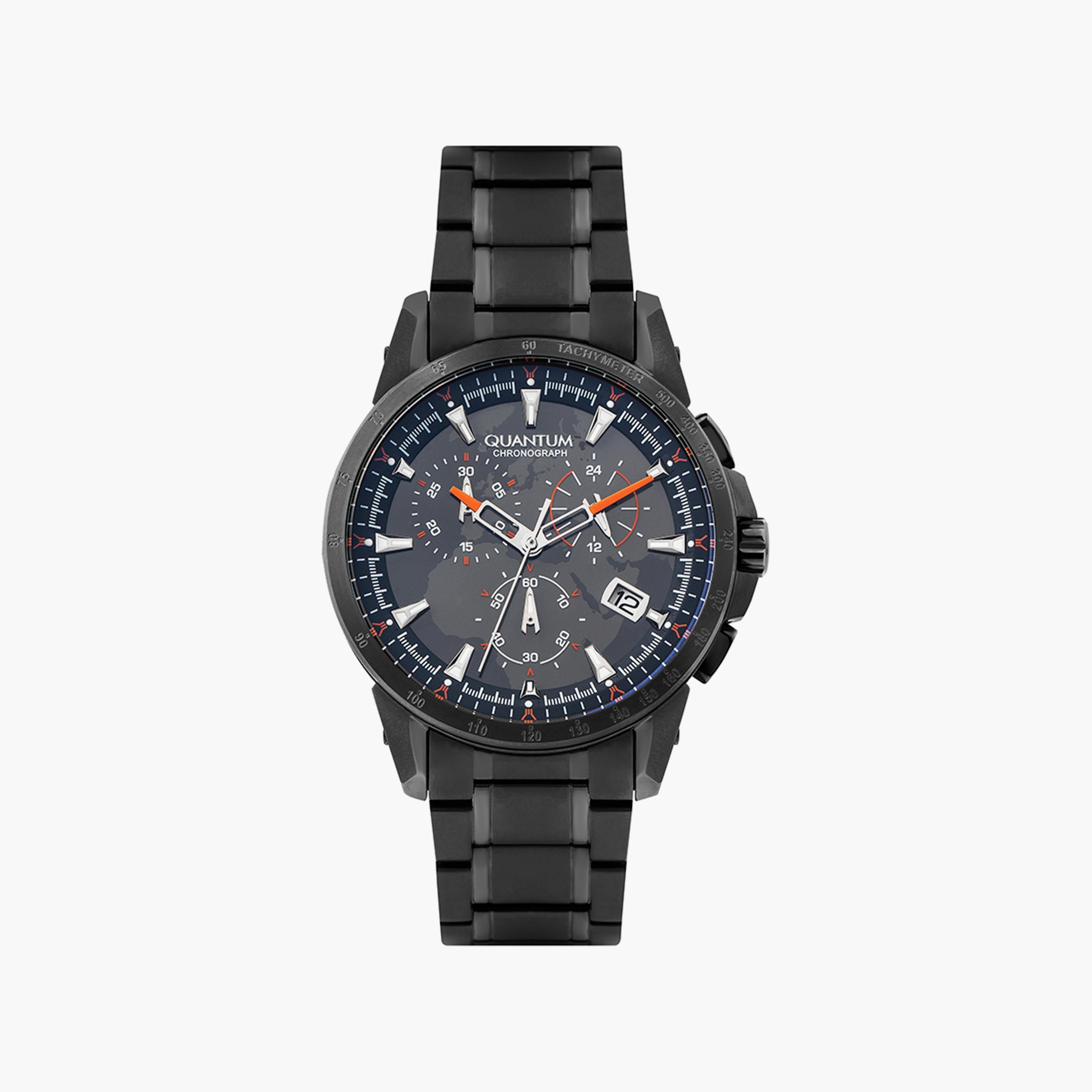 ساعة كرونوغراف سوداء بسوار ستانلس ستيل للرجال من كوانتوم | TTG859.650-men-watchesandjewellery-watches-image-1