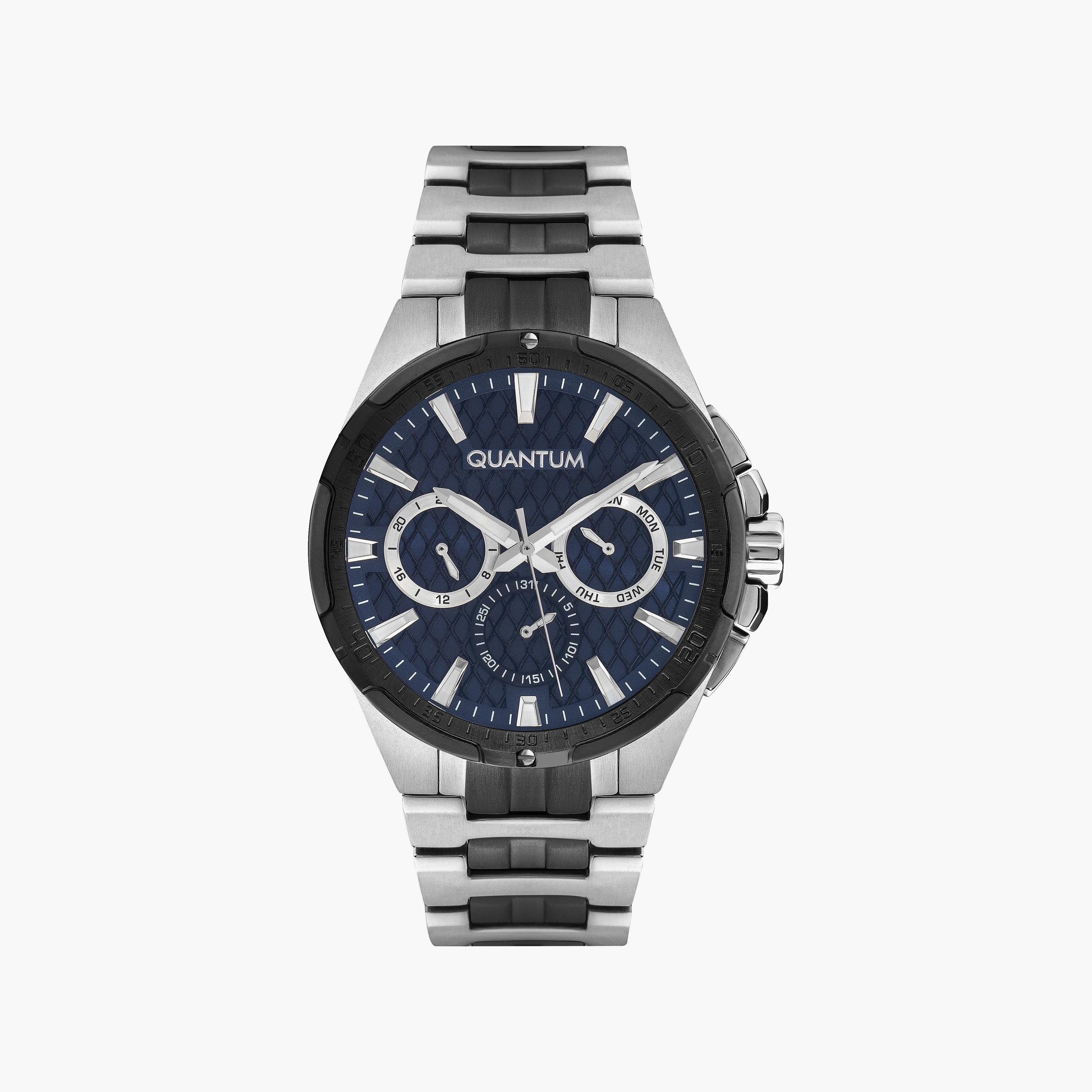ساعة أنالوج فضية وسوداء بسوار ستانلس ستيل ذو معدني من كوانتوم للرجال | HNG889.390-men-watchesandjewellery-watches-image-1