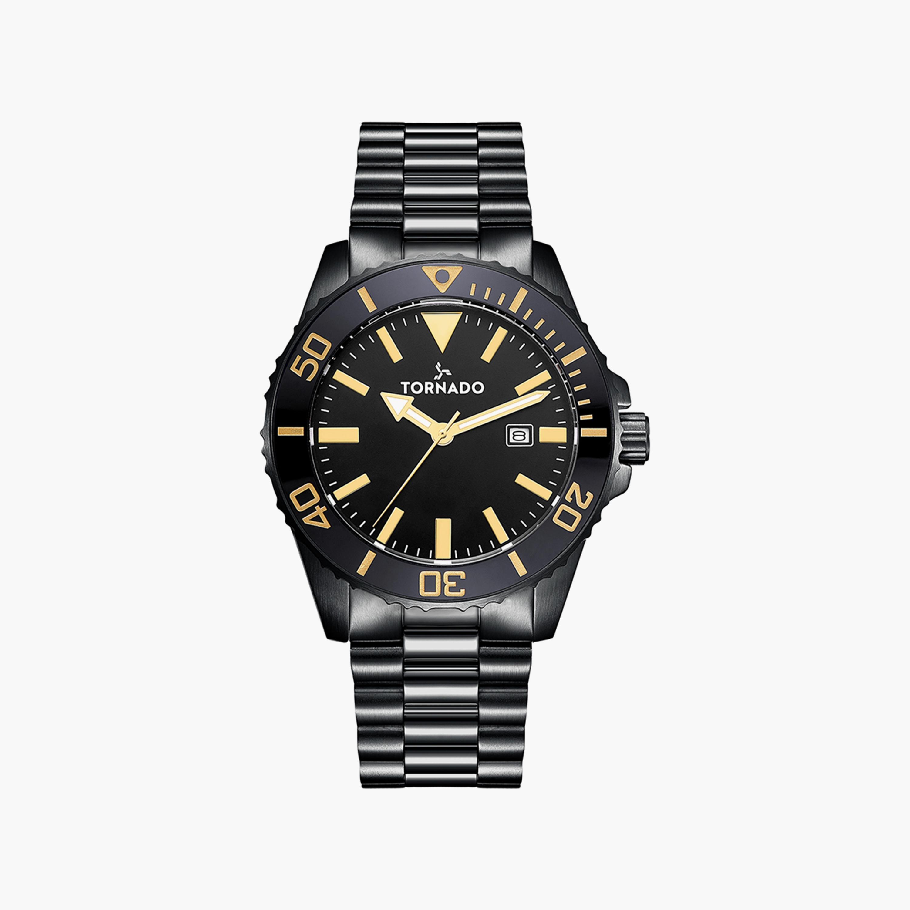 ساعة أنالوج سوداء بسوار ستانلس ستيل من تورنادو للرجال | T22001-BBBBG-men-watchesandjewellery-watches-image-1