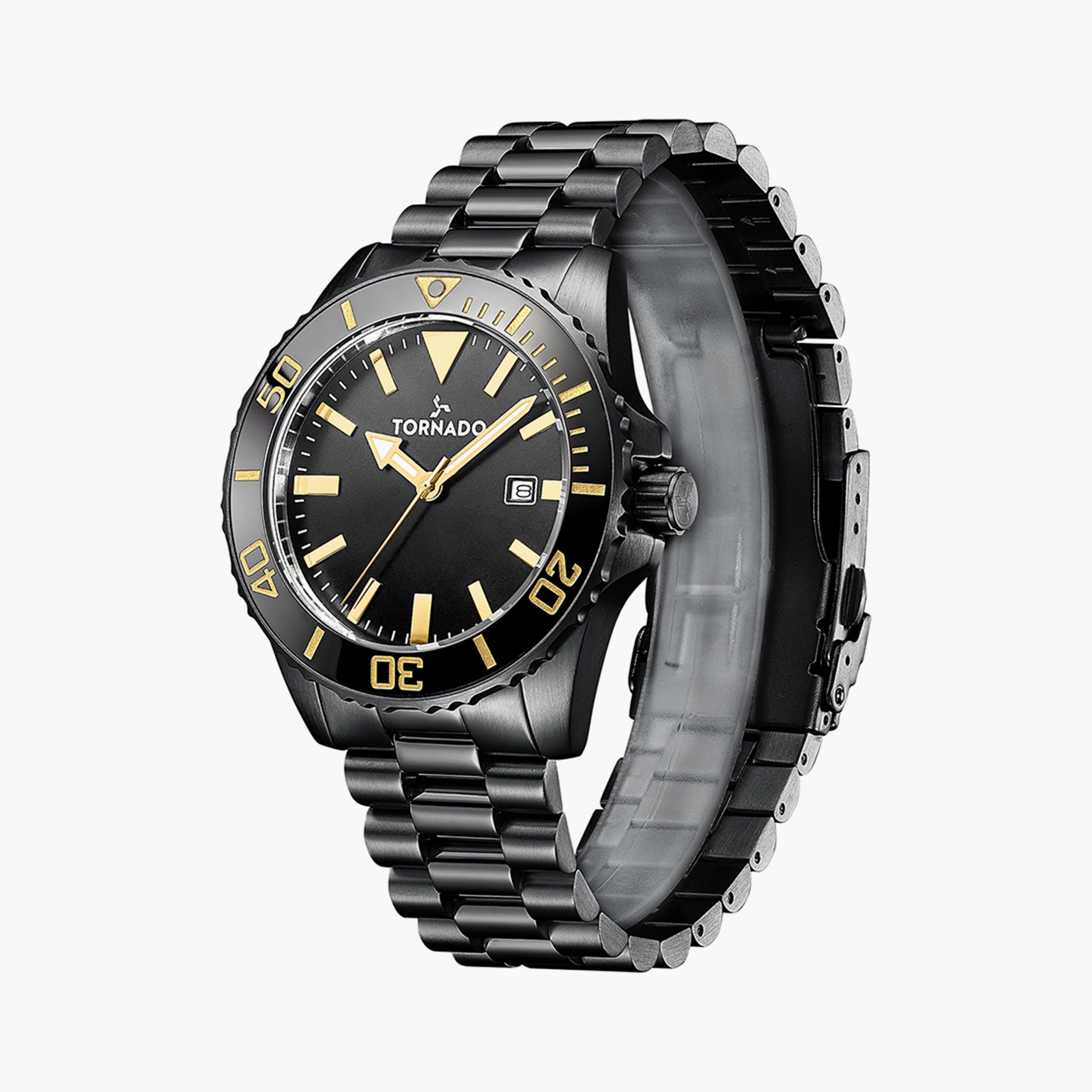 ساعة أنالوج سوداء بسوار ستانلس ستيل من تورنادو للرجال | T22001-BBBBG-men-watchesandjewellery-watches-image-2