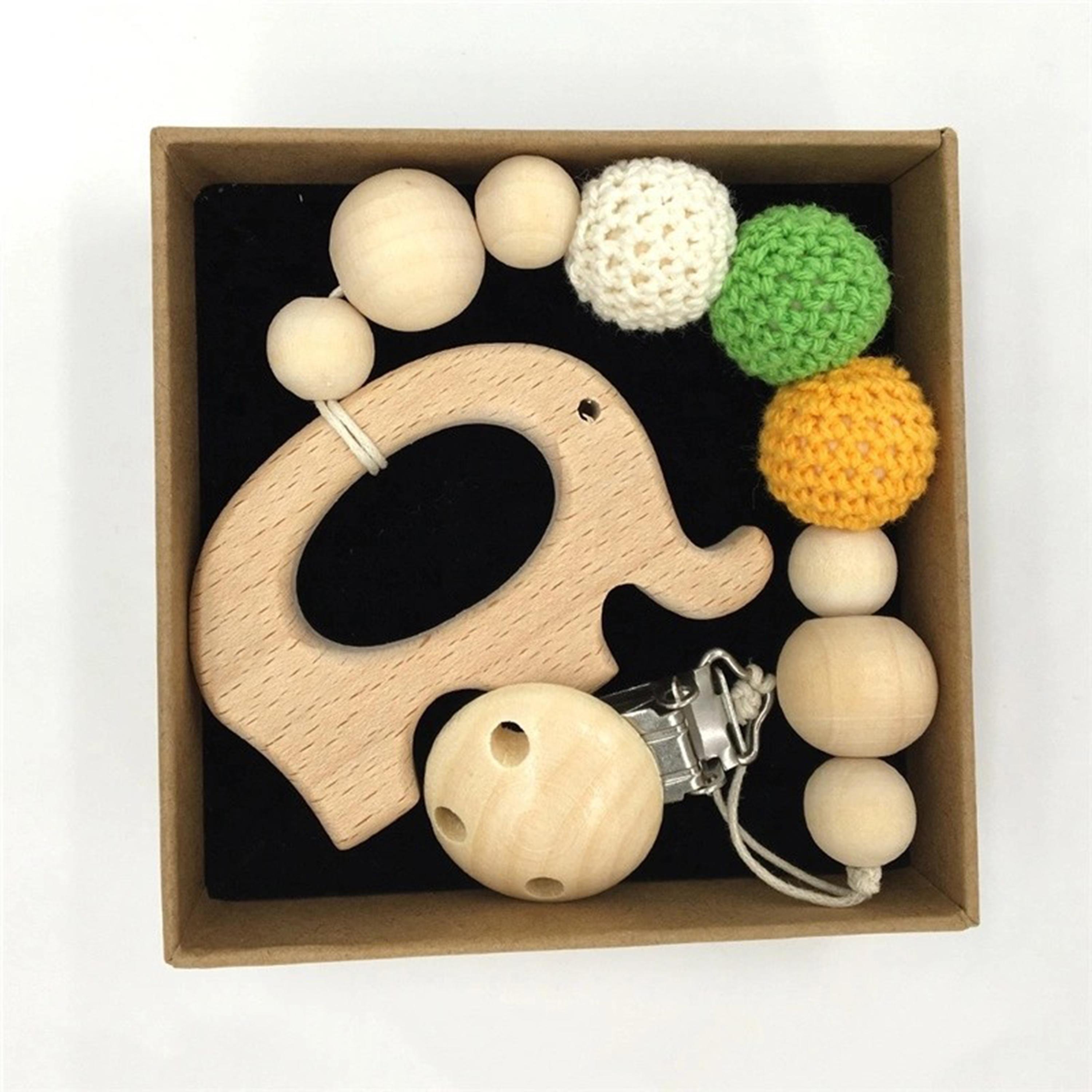 Factory Price Wooden Teether with Pacifier Clip, Elephant-baby-feeding-pacifiers-image-2