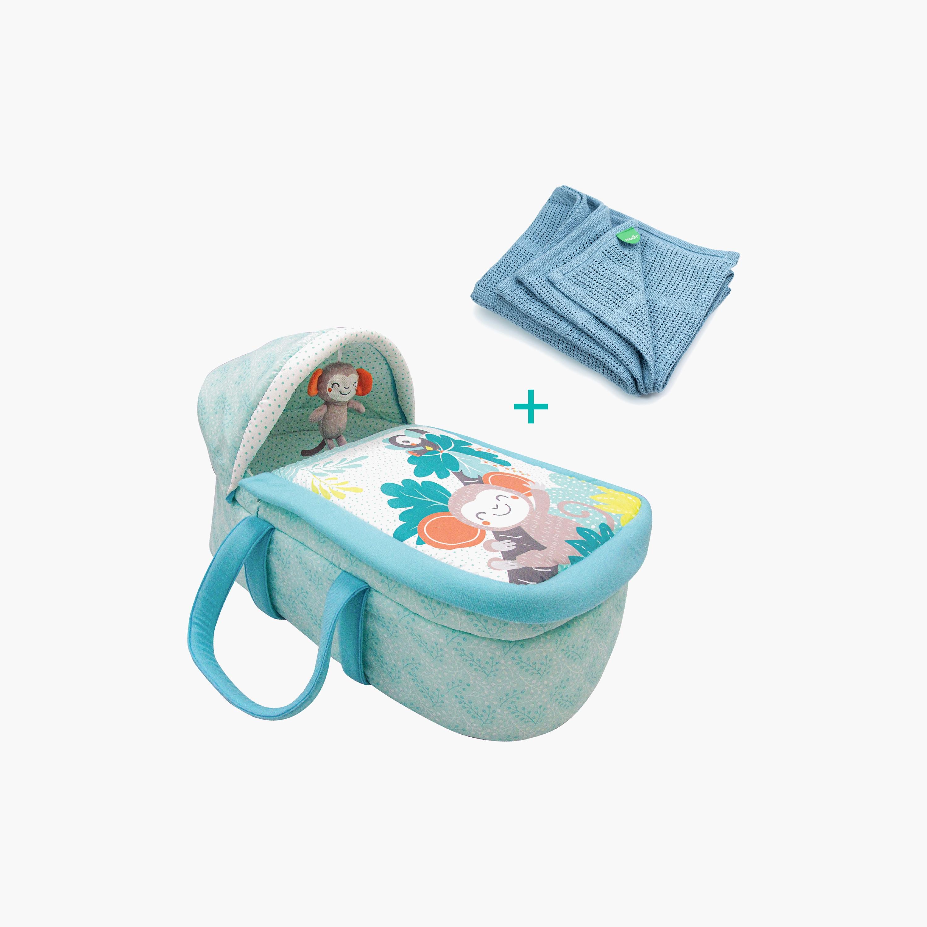 Moon Jungle Friends Moses Basket, Blue with Organic Cellular Blanket, Blue-baby-nursery-furniture-mosesbaskets-image-1