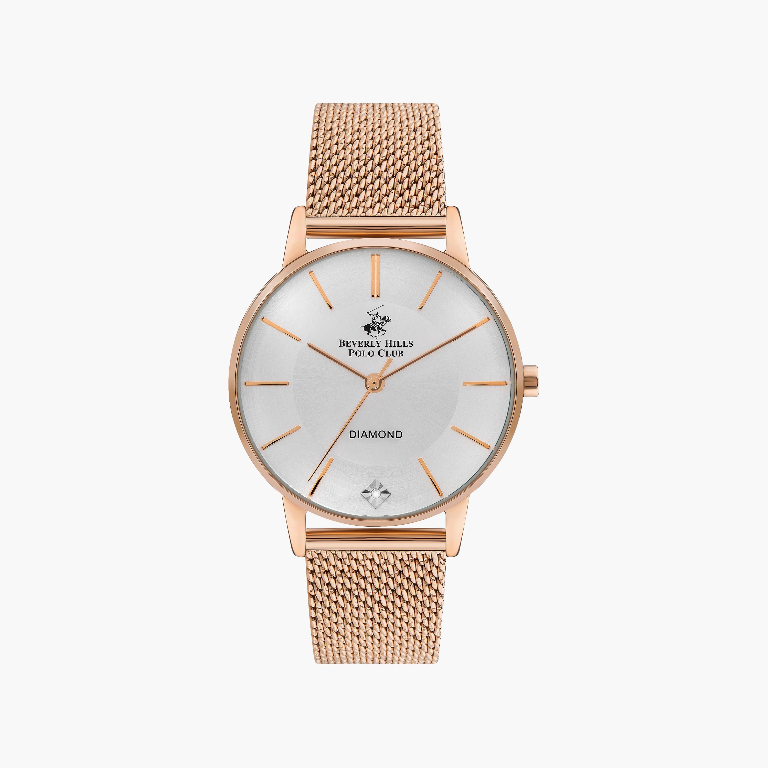 ساعة أنالوج من بيفرلي هيلز بولو كلوب للنساء بسوار شبكي ذهبي وردي | BP3394C.430-women-watchesandjewellery-watches-image-1