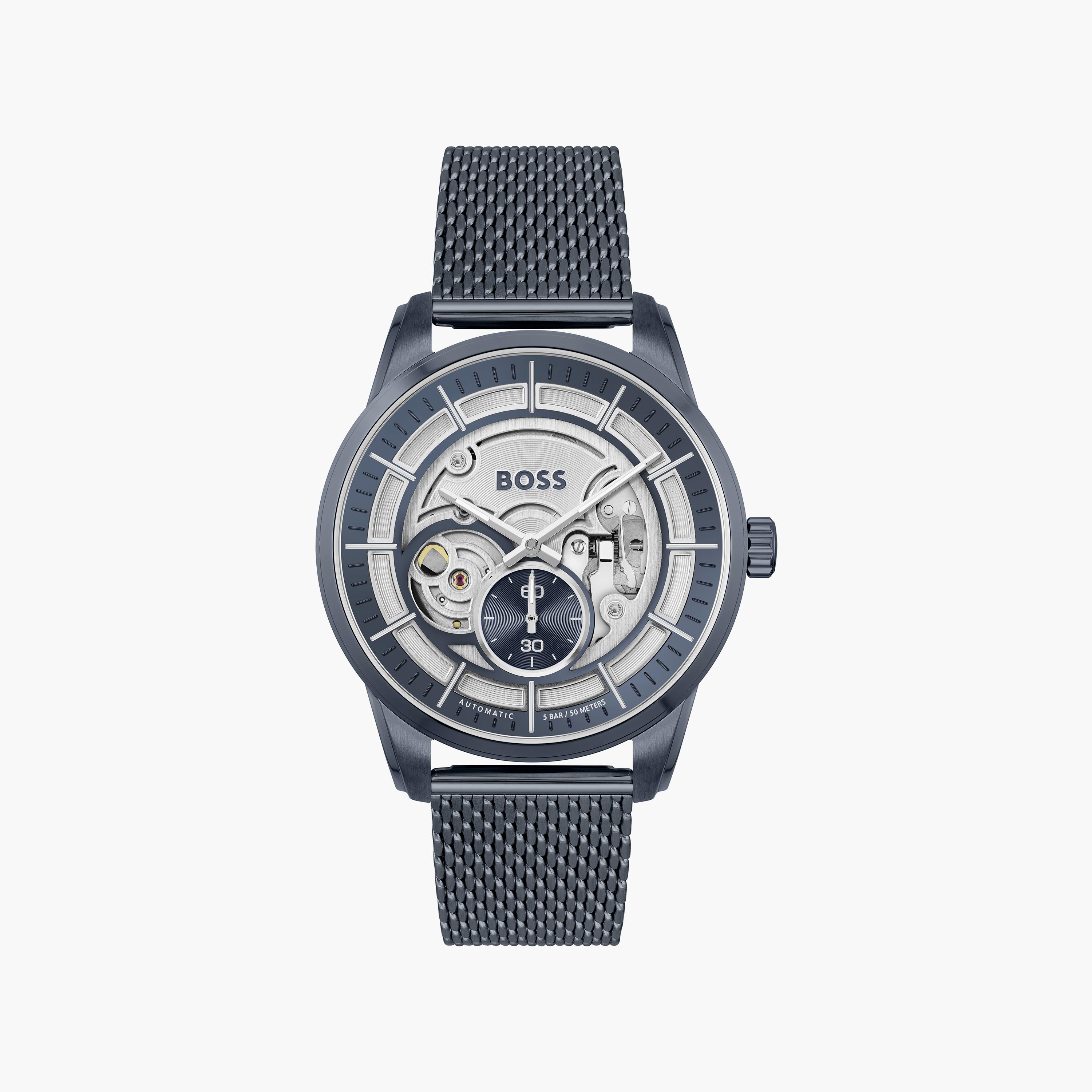 ساعة أوتوماتيك بلون أزرق للرجال 42 ملم بسوار ستانلس ستيل من هيوغو بوس | 1513946-men-watchesandjewellery-watches-image-1