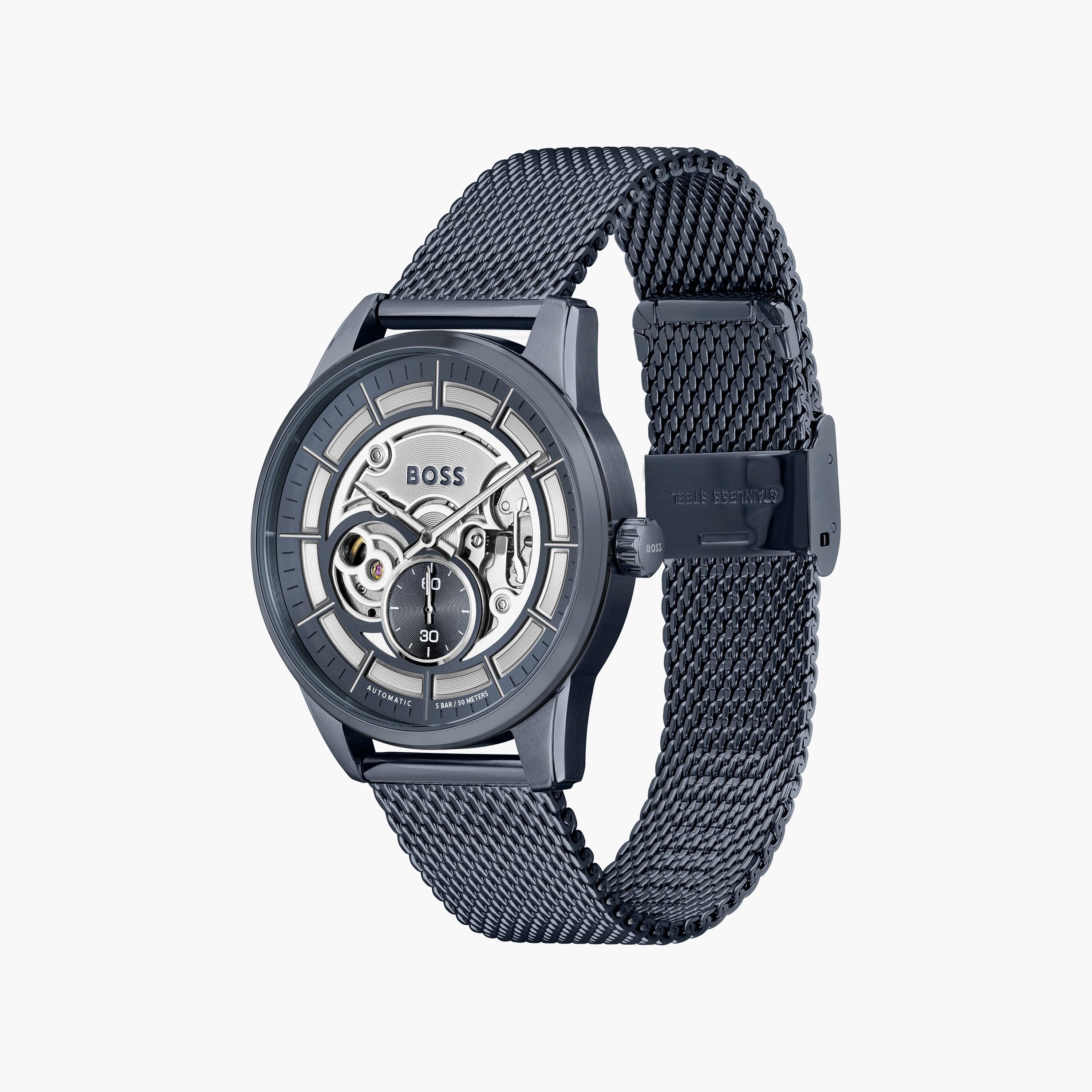 ساعة أوتوماتيك بلون أزرق للرجال 42 ملم بسوار ستانلس ستيل من هيوغو بوس | 1513946-men-watchesandjewellery-watches-image-2