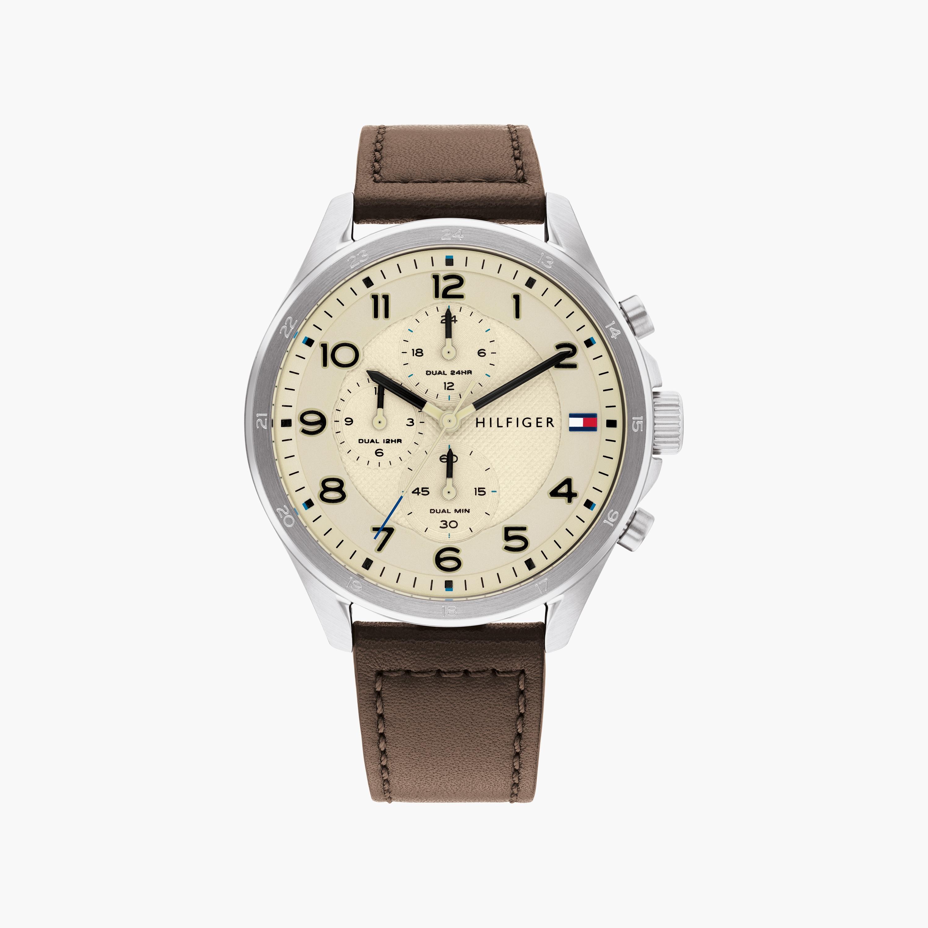 ساعة كرونوغراف بلون بني للرجال 45 ملم بسوار جلدي من تومي هيلفيجر | 1792003-men-watchesandjewellery-watches-image-1