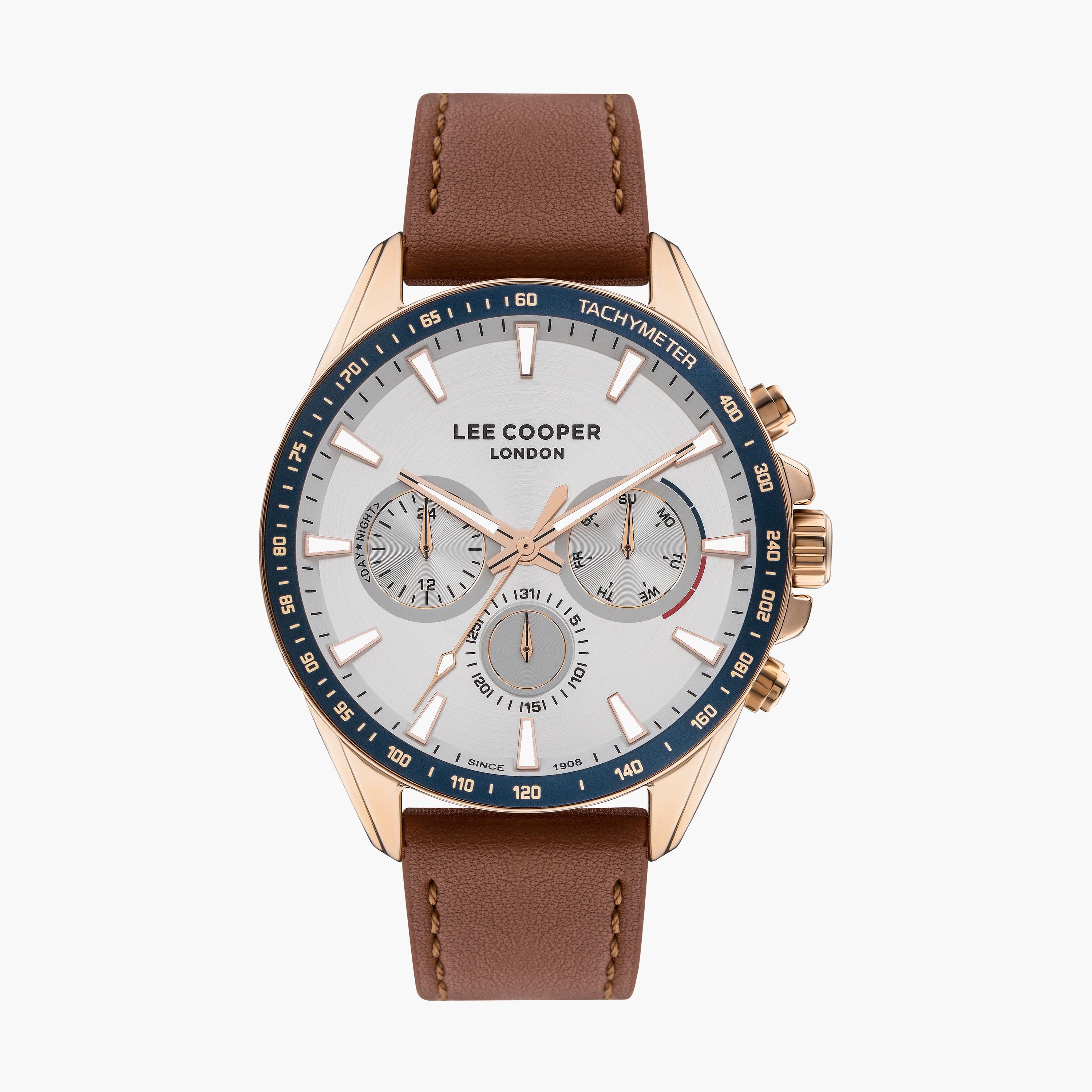 ساعة كرونوغراف بسوار جلدي بني للرجال من لي كوبر | LC07598.434-men-watchesandjewellery-watches-image-1