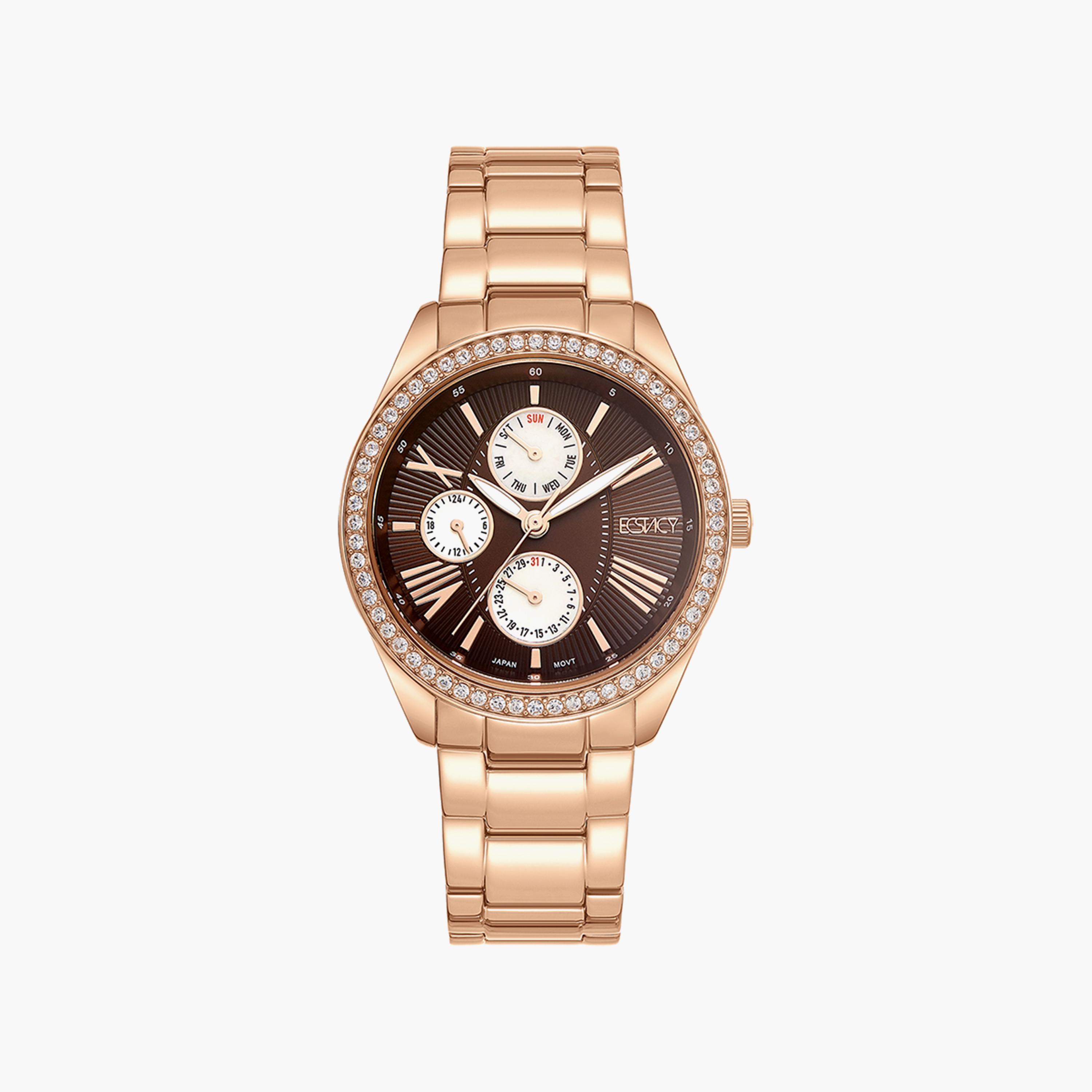 ساعة اكستاسي للنساء بلون ذهبي وردي وبسوار ستانلس ستيل متعدد الوظائف | E9621-RBKD-women-watchesandjewellery-watches-image-1