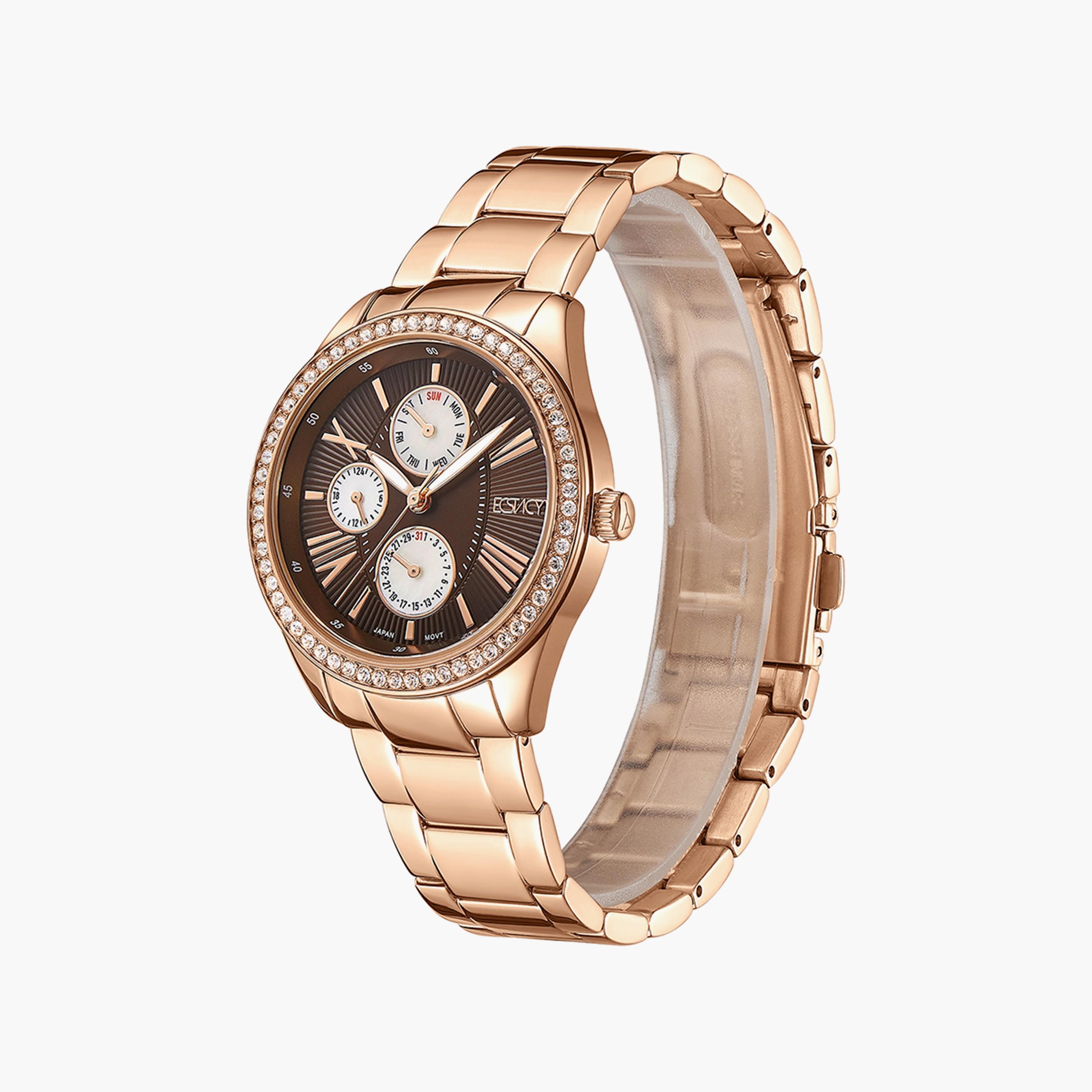 ساعة اكستاسي للنساء بلون ذهبي وردي وبسوار ستانلس ستيل متعدد الوظائف | E9621-RBKD-women-watchesandjewellery-watches-image-2
