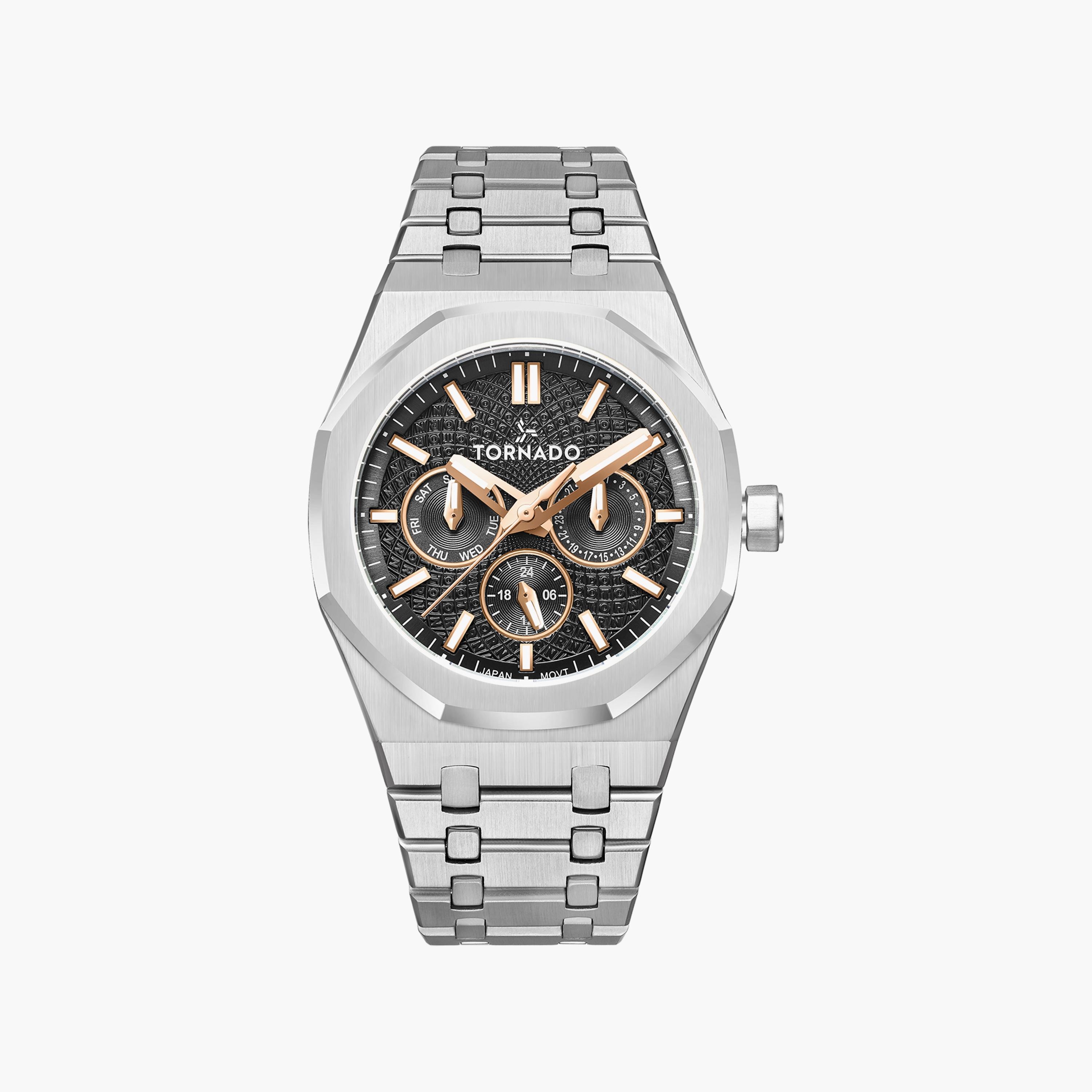 ساعة تورنادو للرجال فضية متعددة الوظائف بسوار ستانلس ستيل | T23104-SBSBK-men-watchesandjewellery-watches-image-1