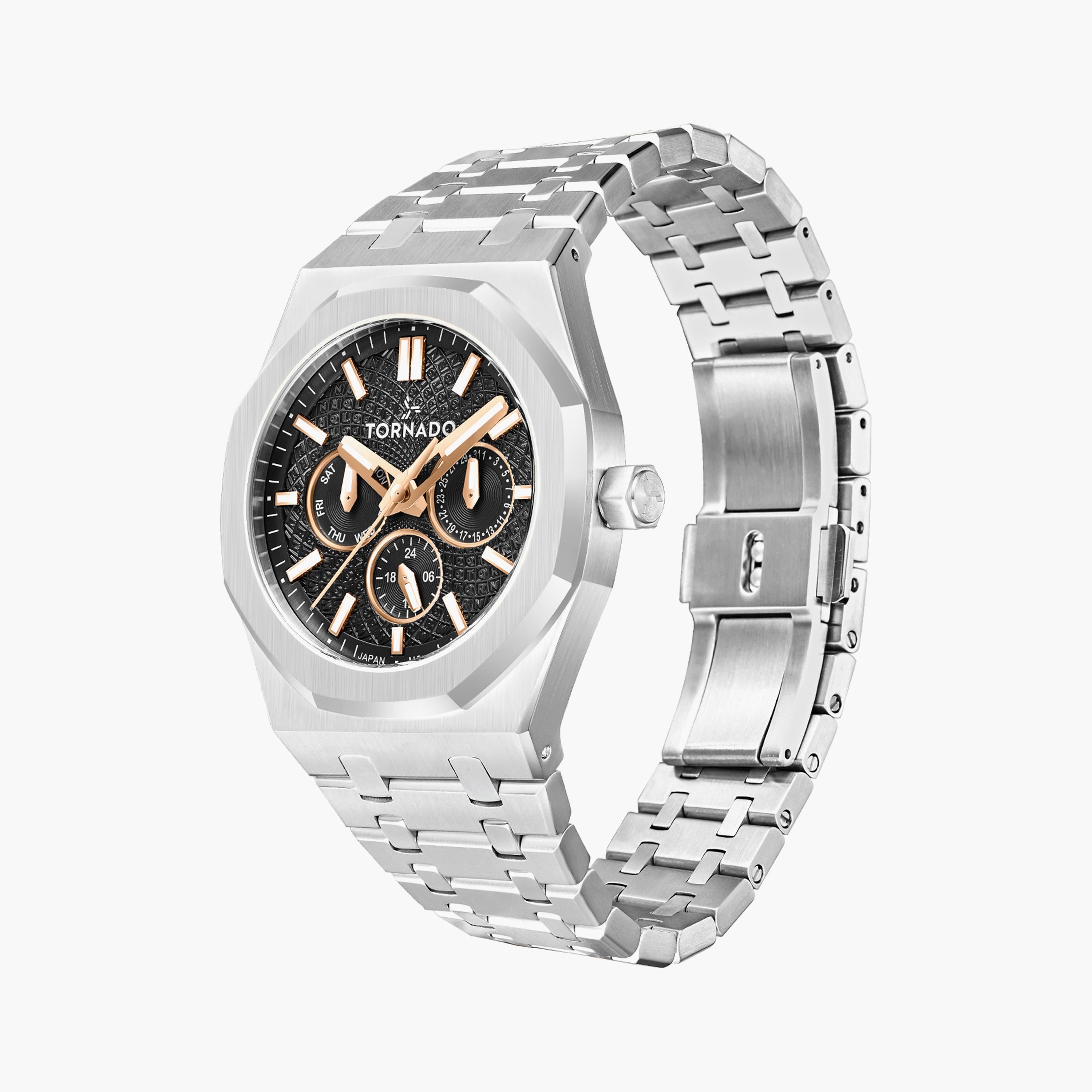 ساعة تورنادو للرجال فضية متعددة الوظائف بسوار ستانلس ستيل | T23104-SBSBK-men-watchesandjewellery-watches-image-2
